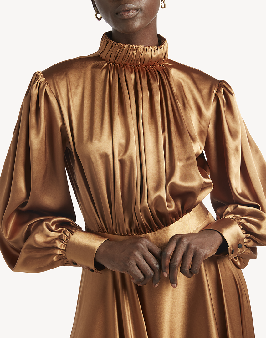 Satin High Pleated Neck Maxi Dress