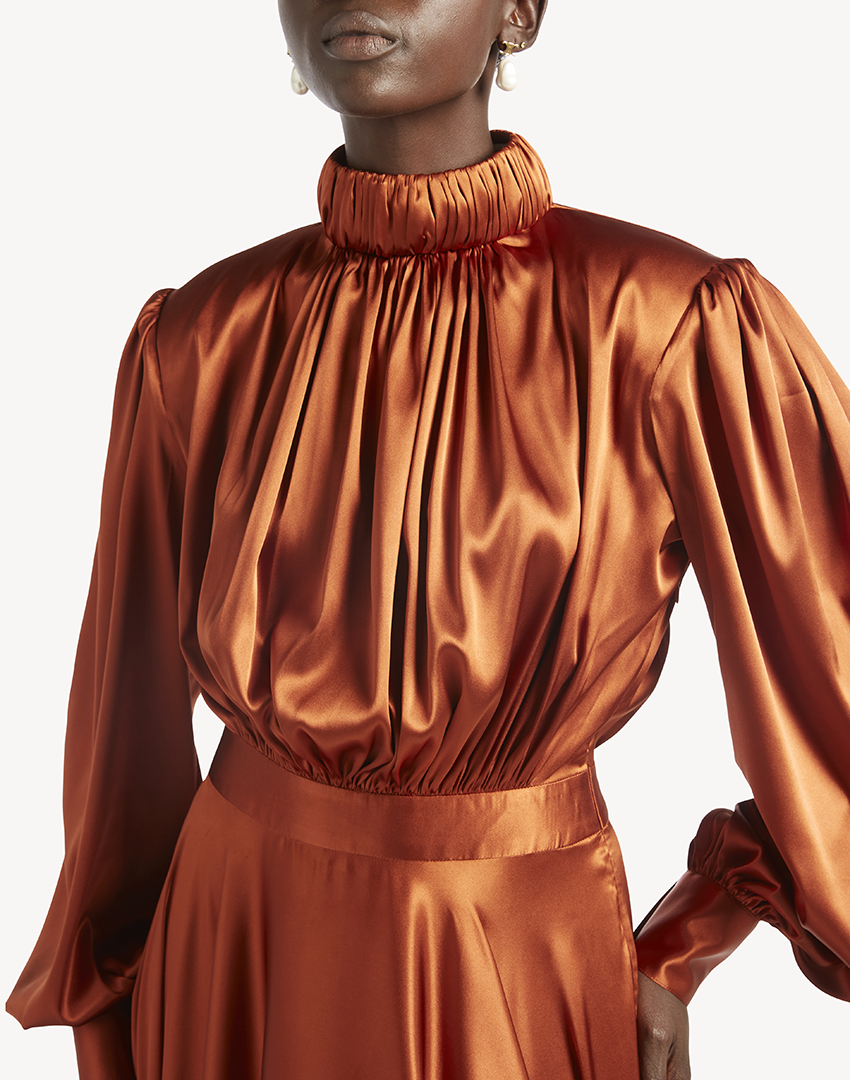 Satin High Pleated Neck Maxi Dress