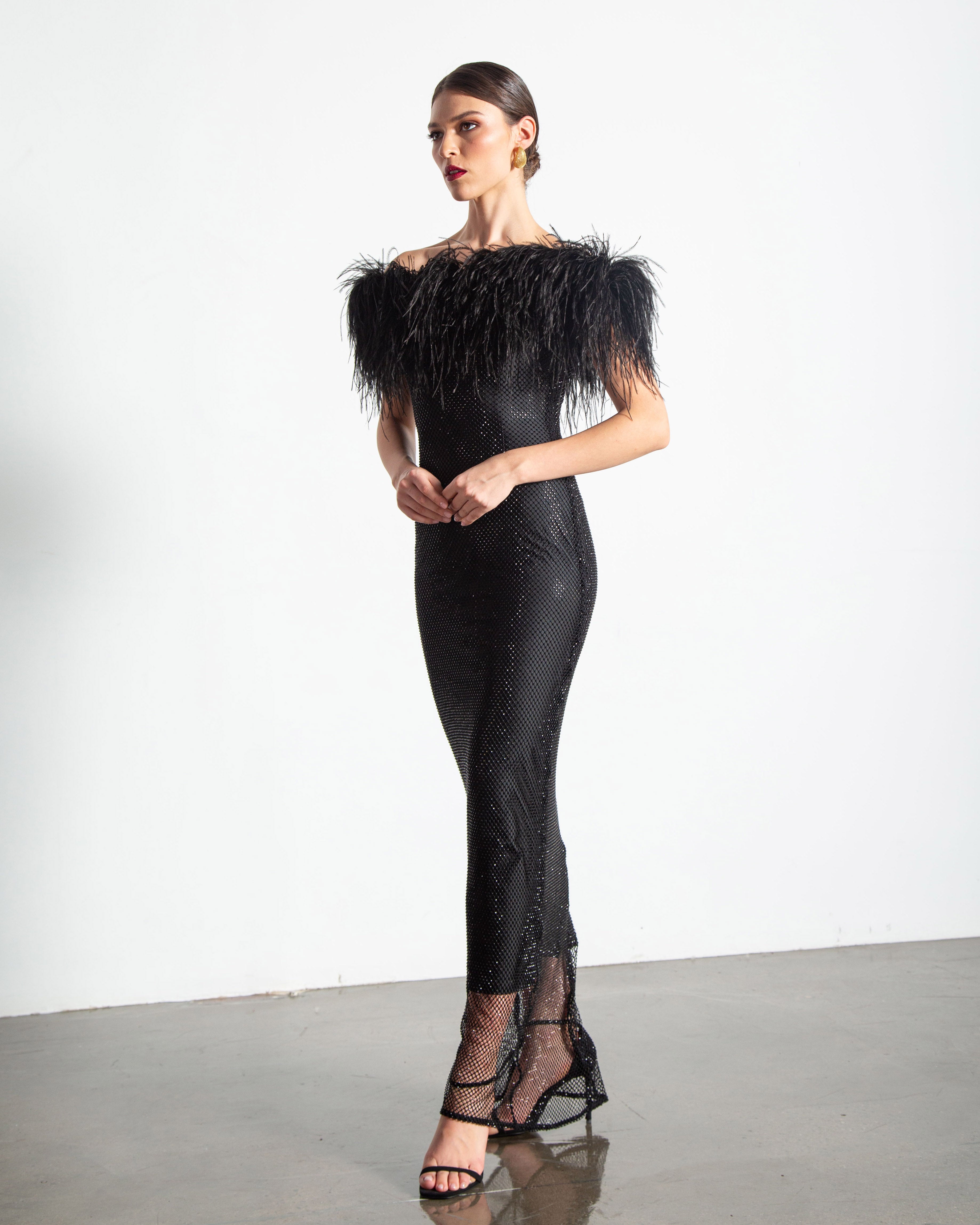 Crystal Embellished Feather Off-Shoulder Maxi Dress