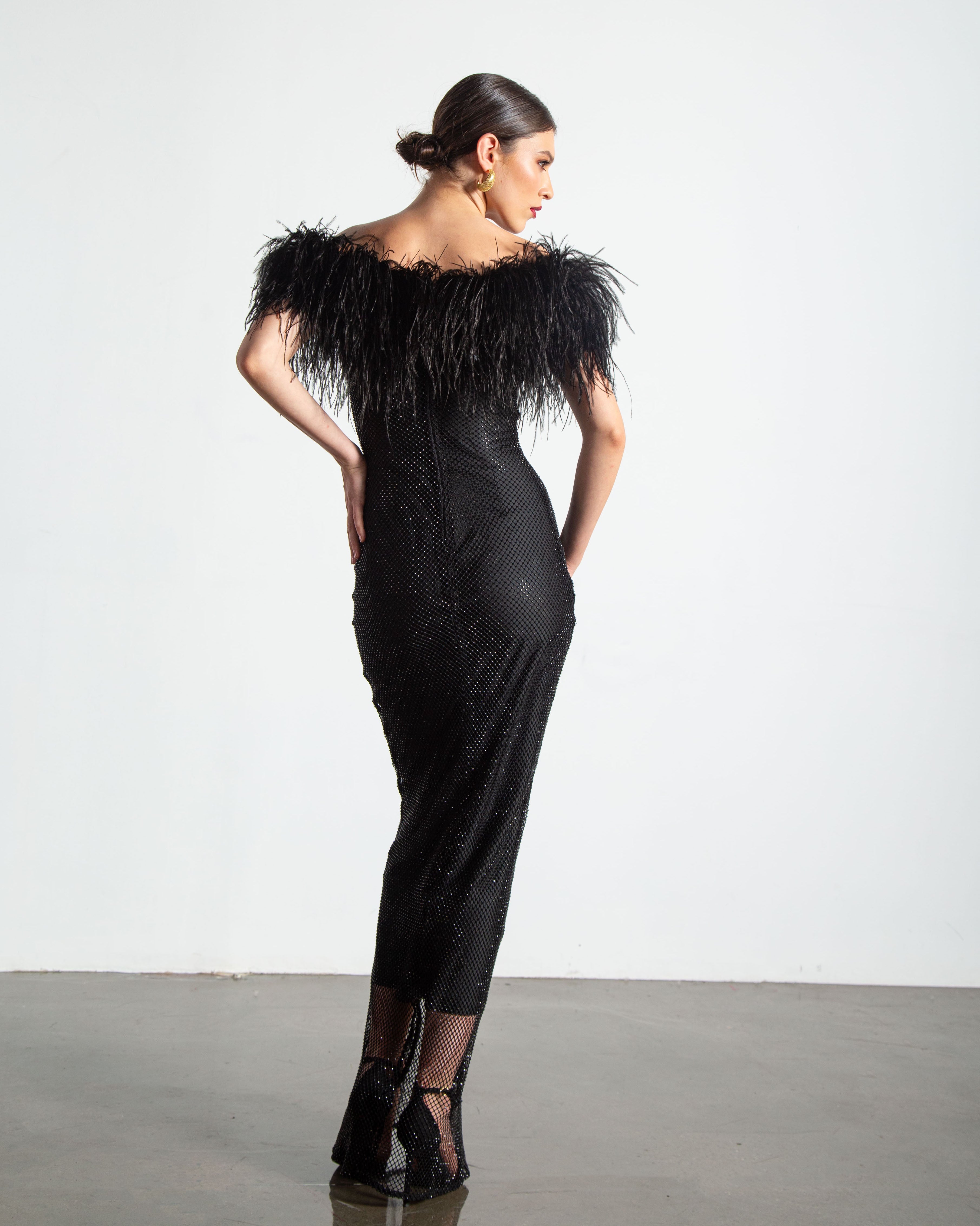 Crystal Embellished Feather Off-Shoulder Maxi Dress