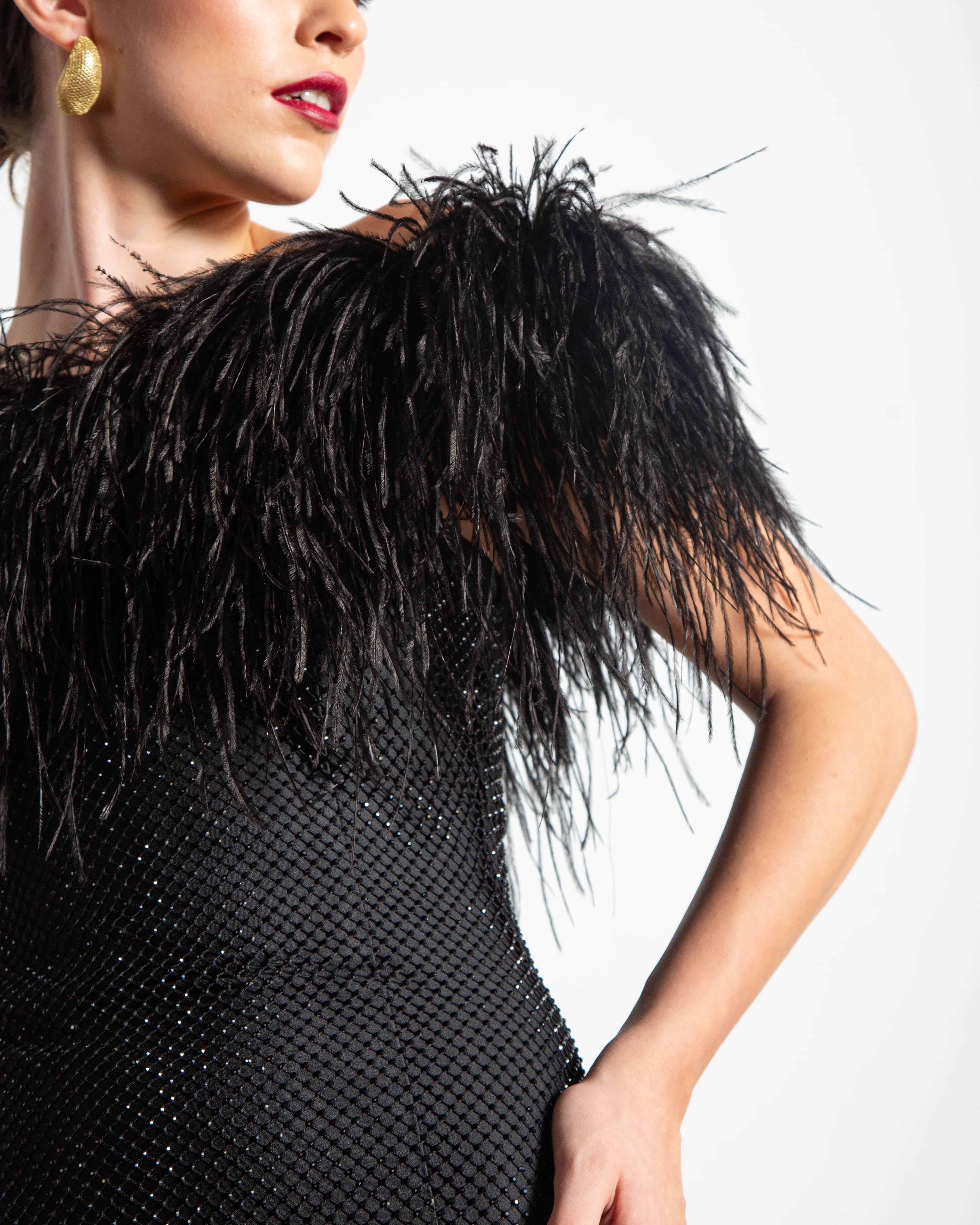 Crystal Embellished Feather Off-Shoulder Maxi Dress