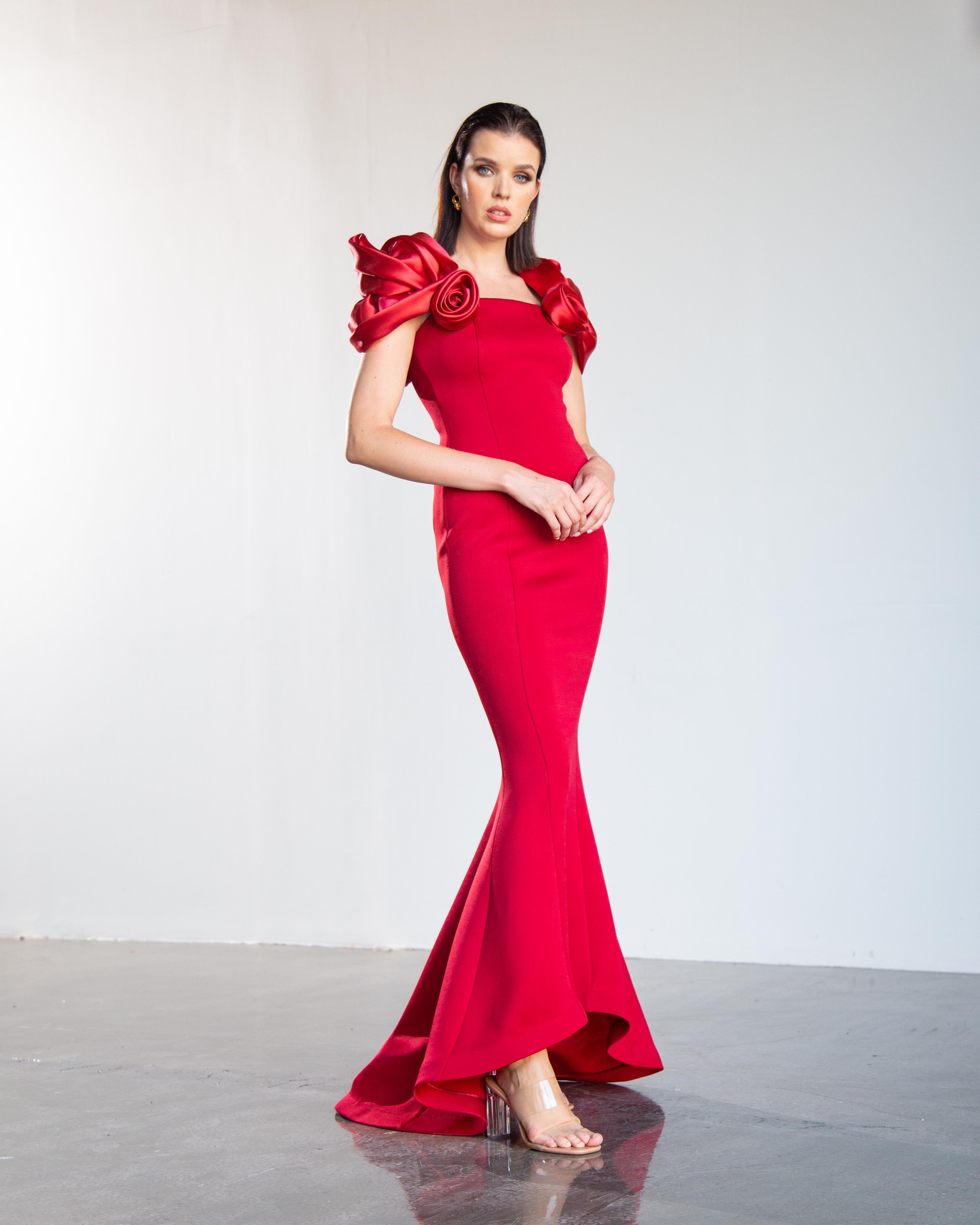 Rose Sleeve Panel Maxi Dress - Cherry Red