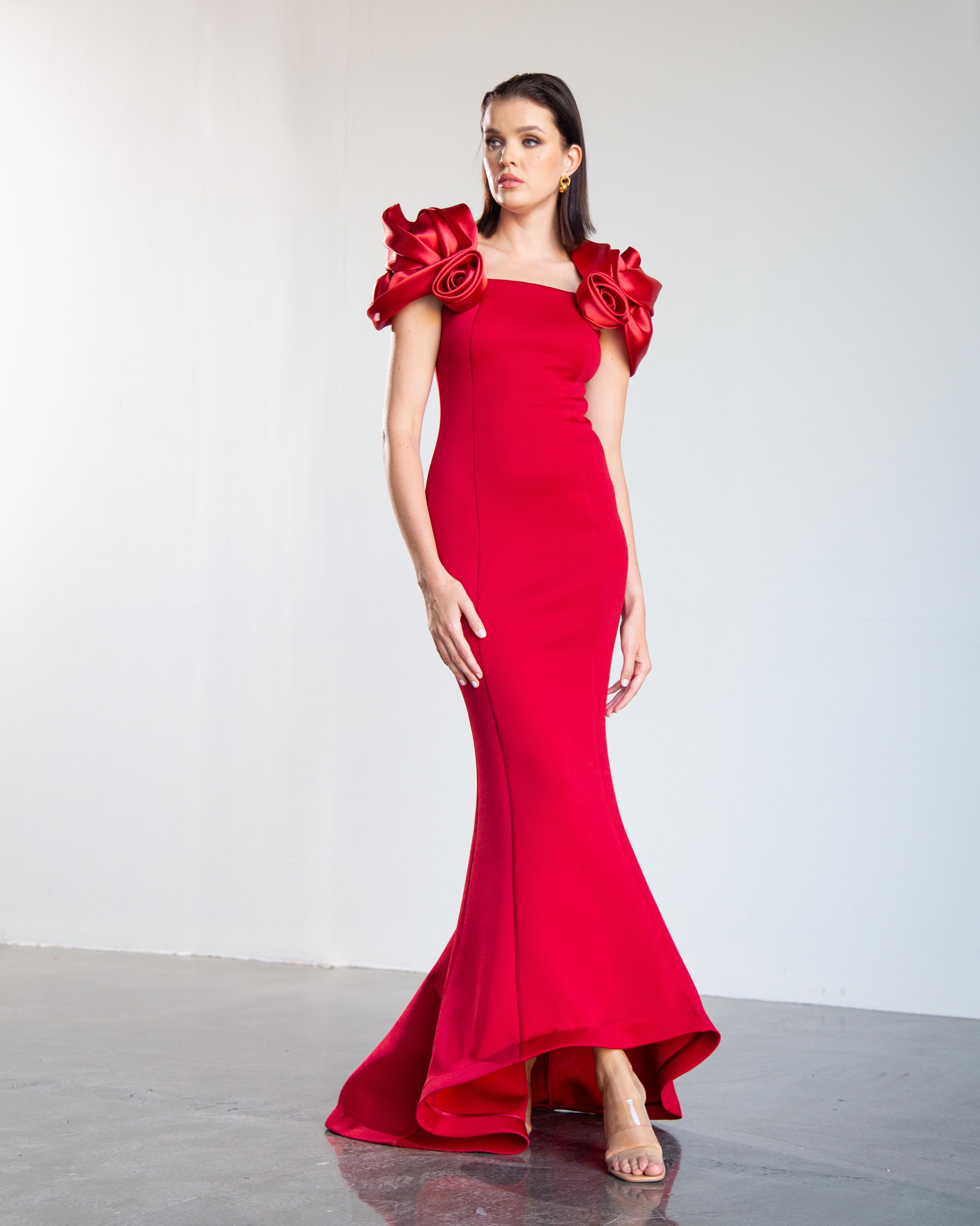 Rose Sleeve Panel Maxi Dress - Cherry Red