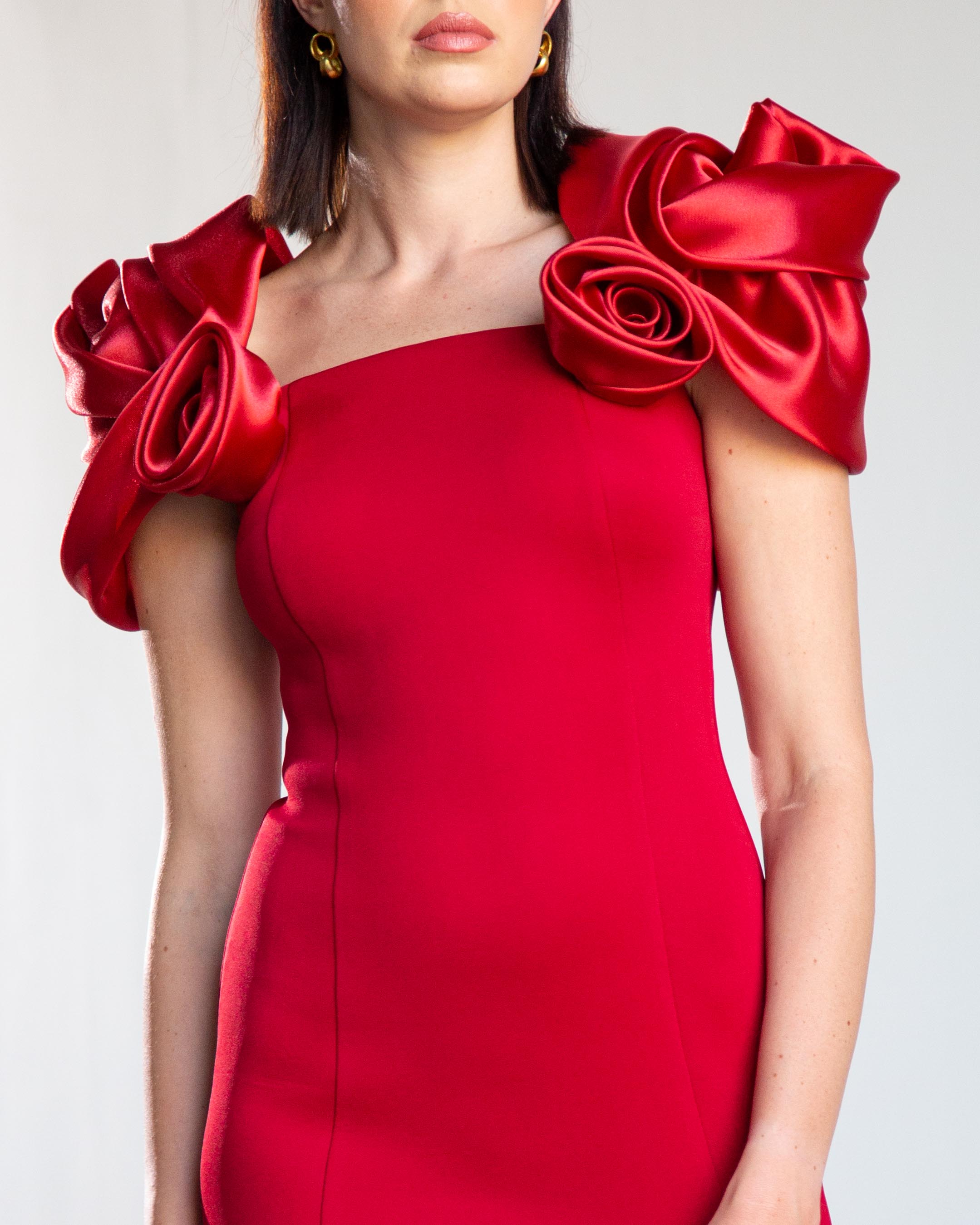 Rose Sleeve Panel Maxi Dress - Cherry Red