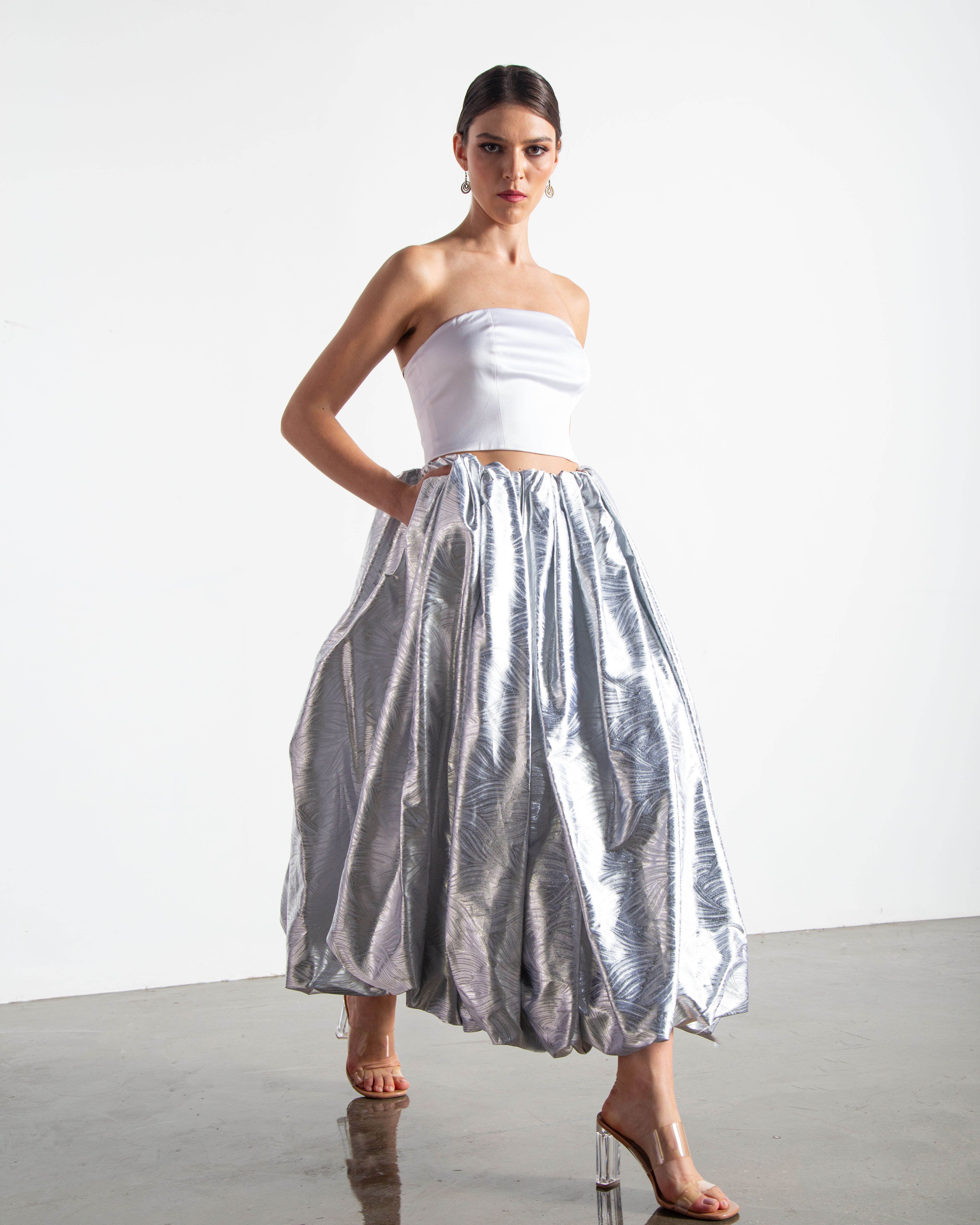 Metallic Bouffant Midi Skirt