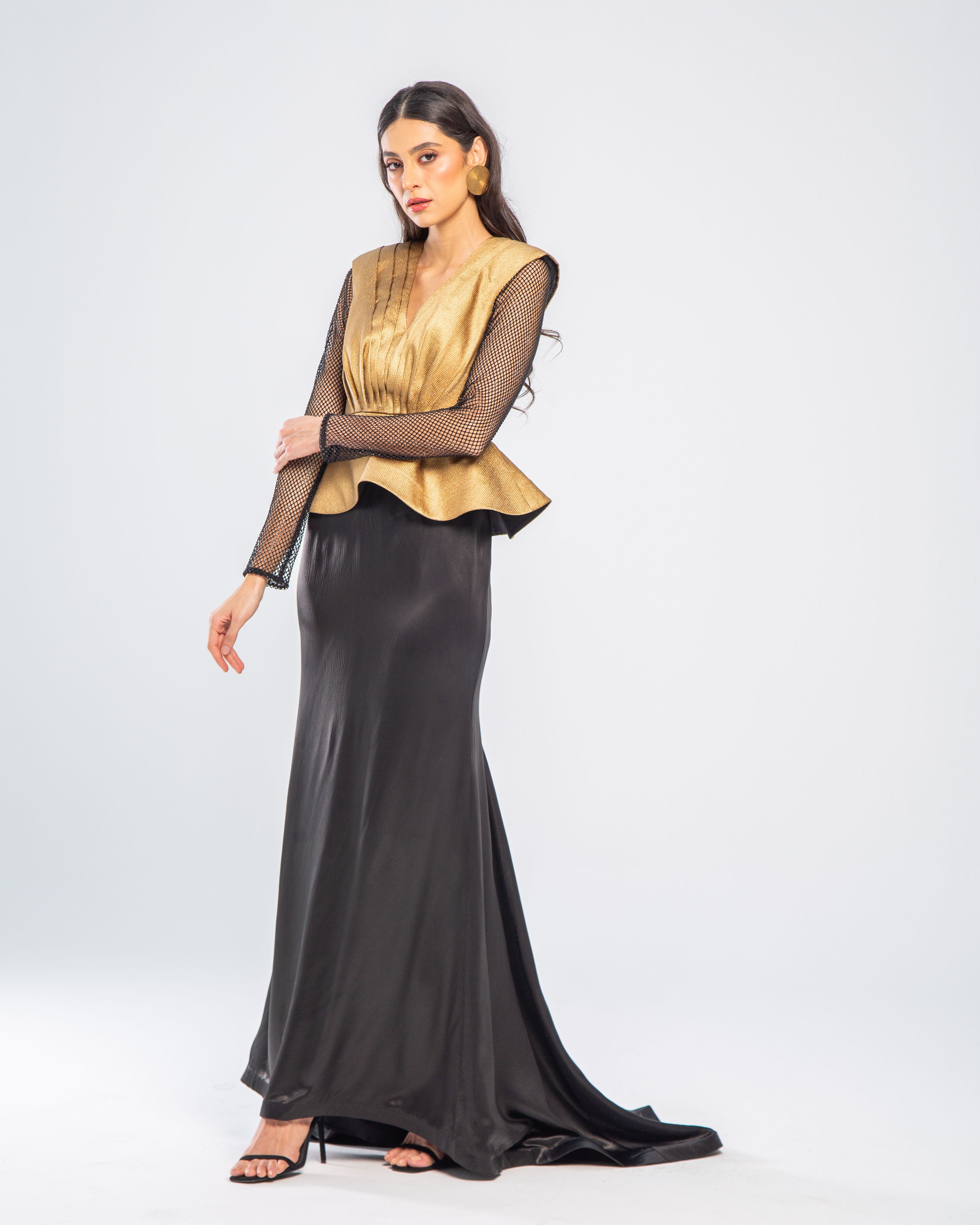 Crystal Embellished Long Sleeved Peplum Gown