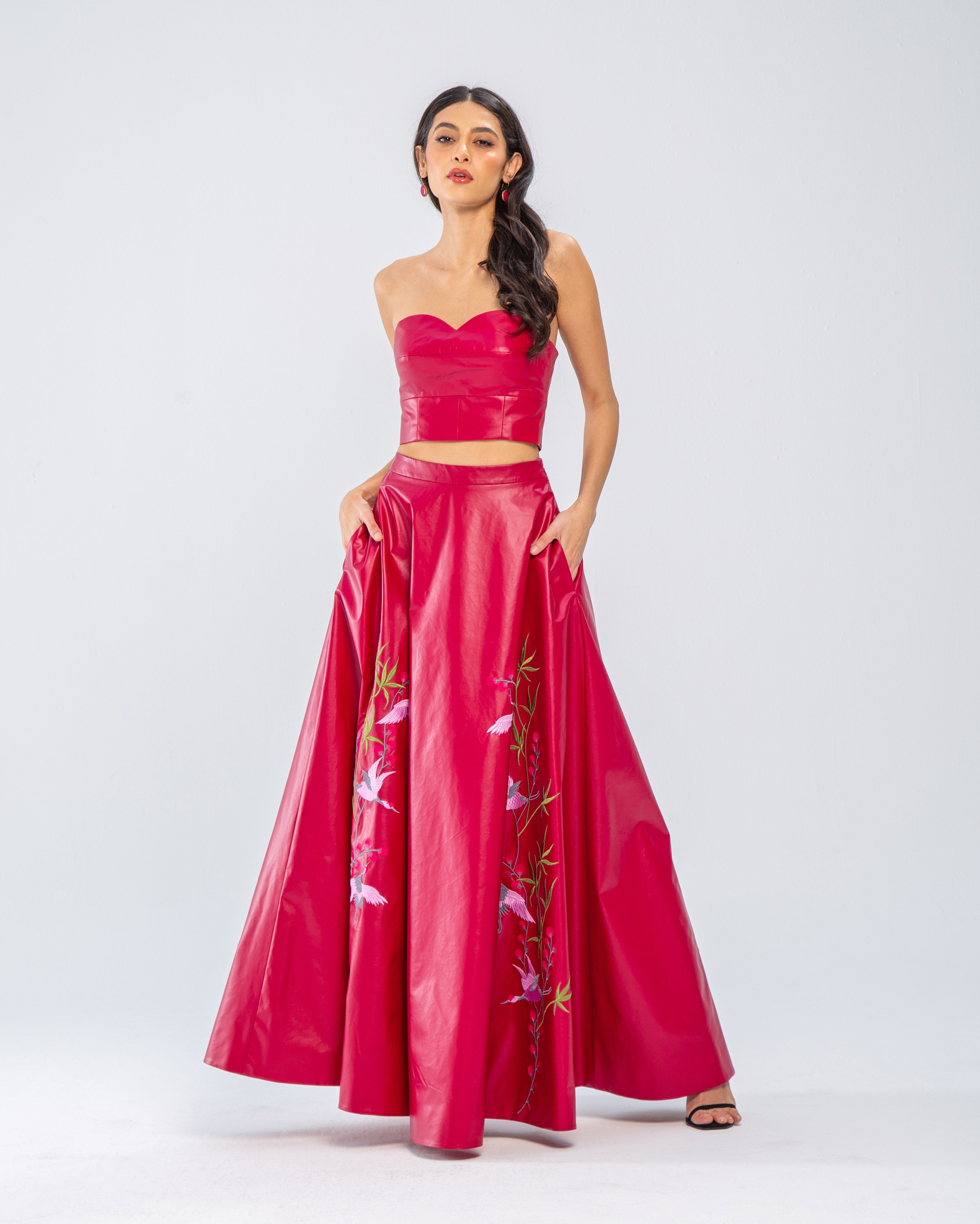 Faux Leather Embroidered Maxi Skirt