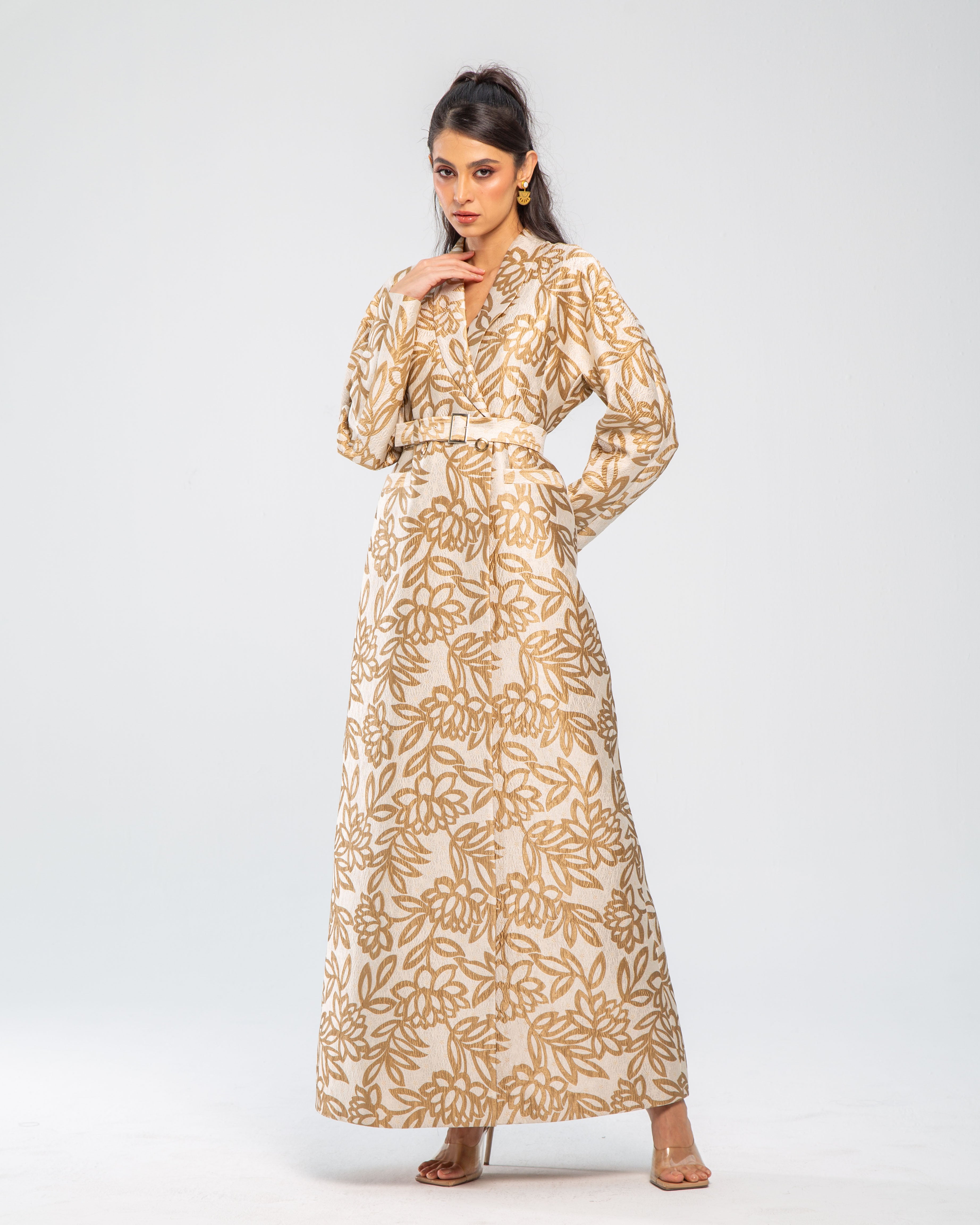 Metallic Floral Jacquard Long Belted Jacket