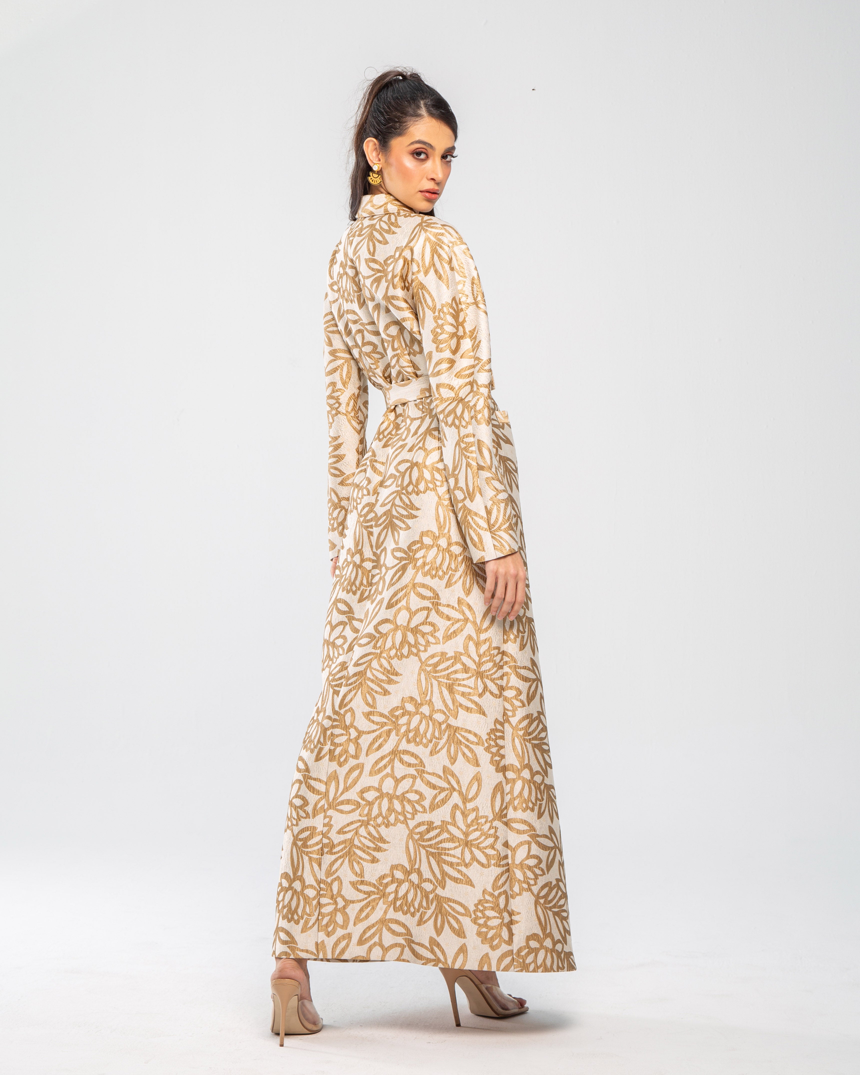 Metallic Floral Jacquard Long Belted Jacket