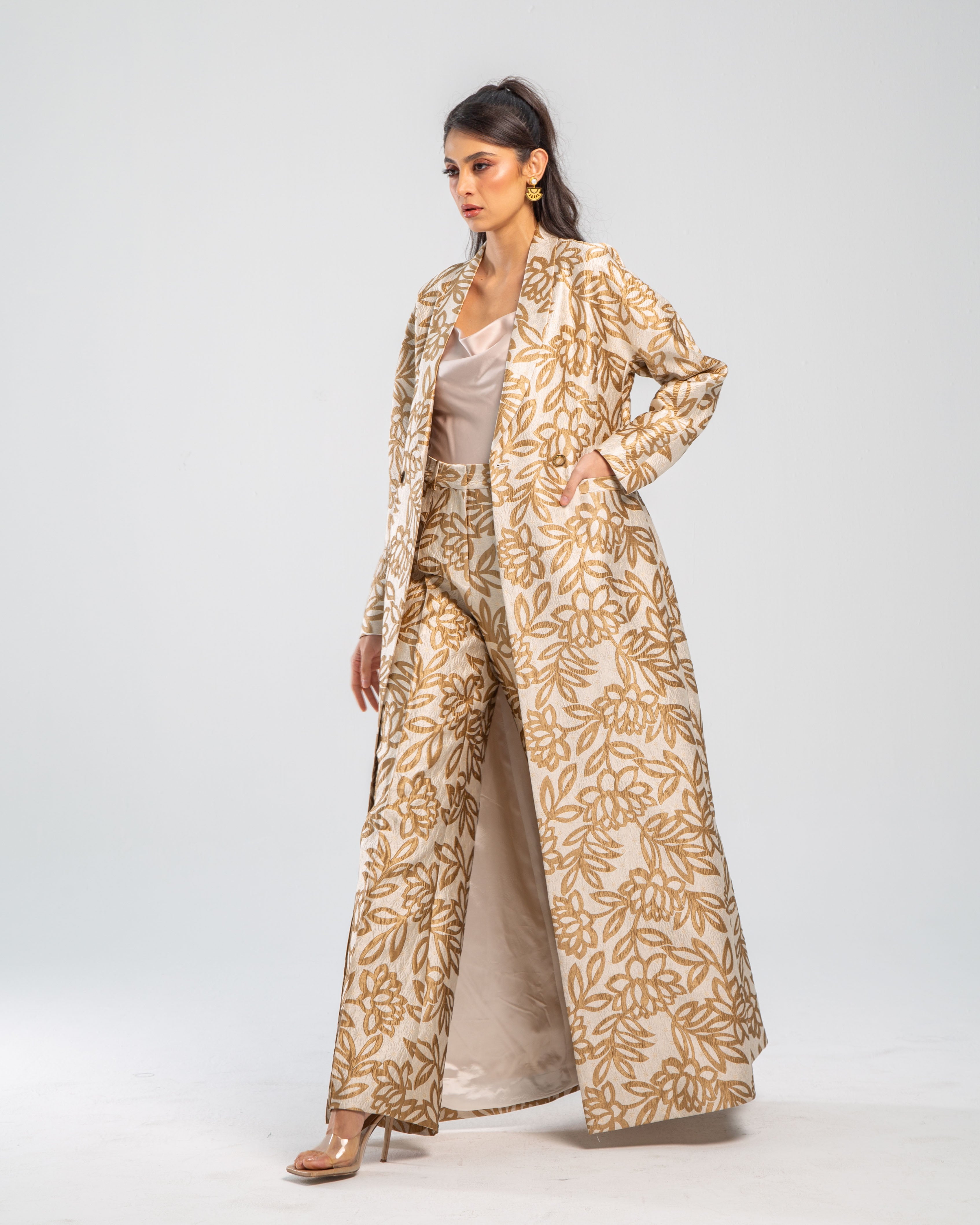 Metallic Floral Jacquard Long Belted Jacket