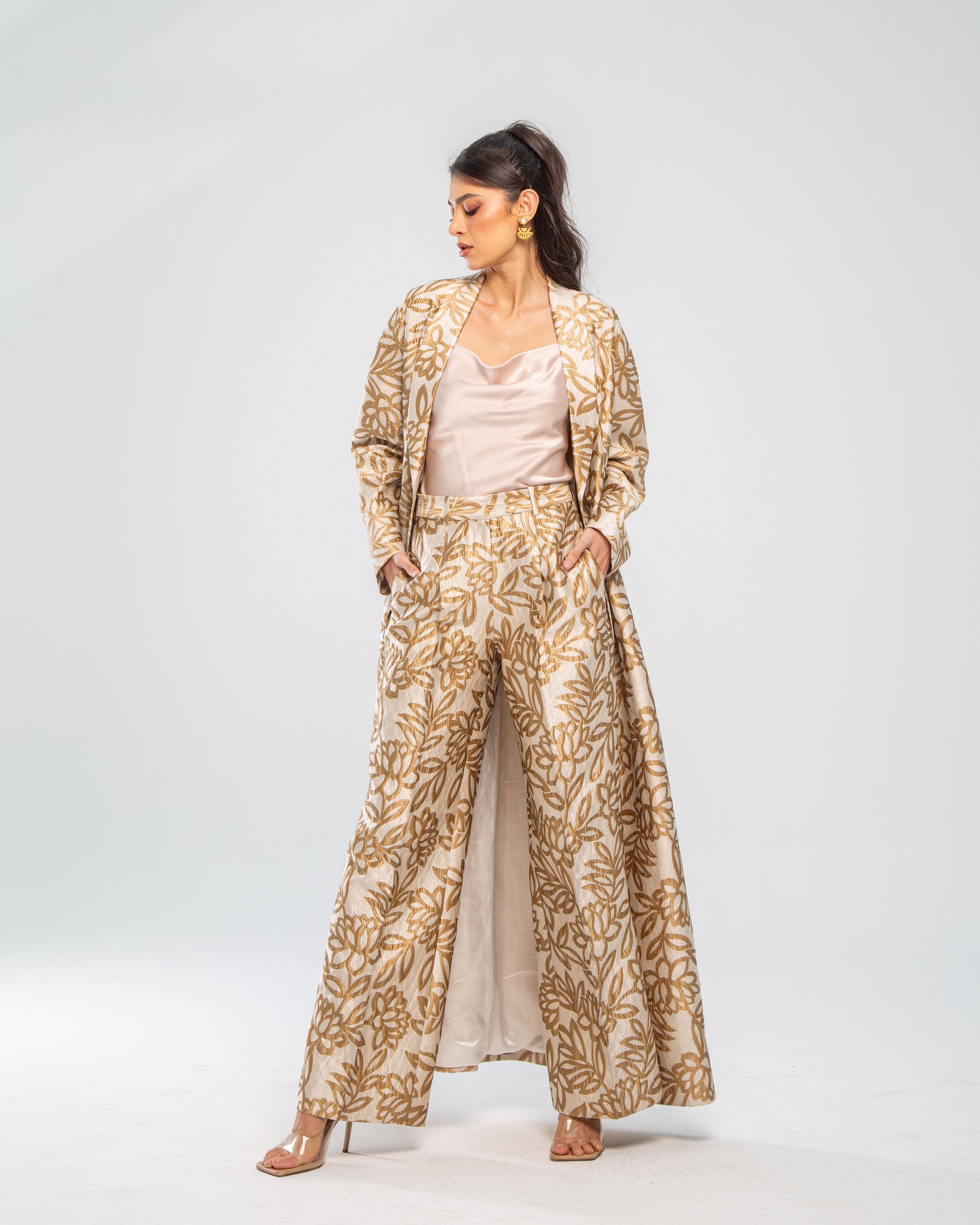 TAN FLORAL KNIT JAQUARD PANT SET main image 1