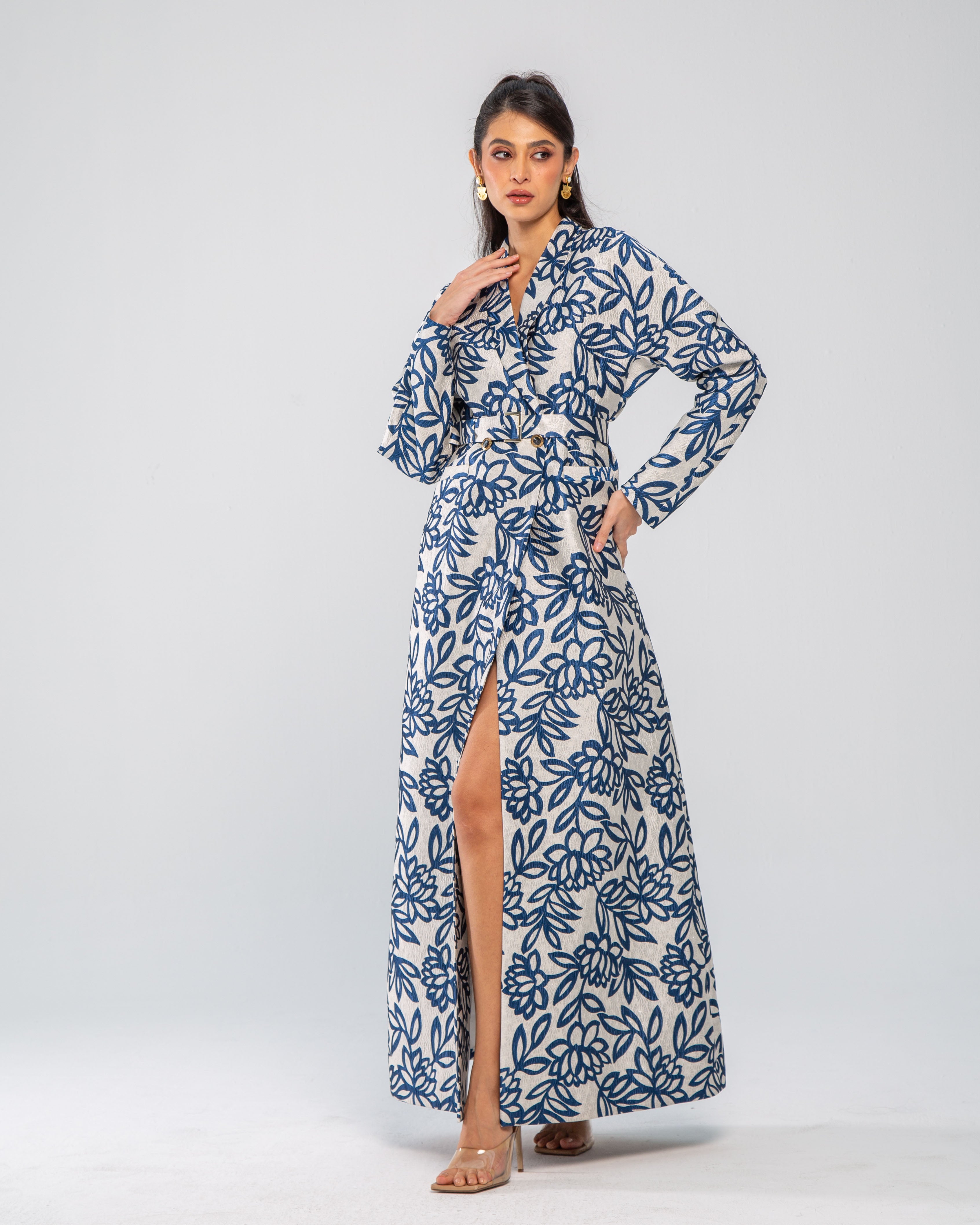 Metallic Floral Jacquard Long Belted Jacket