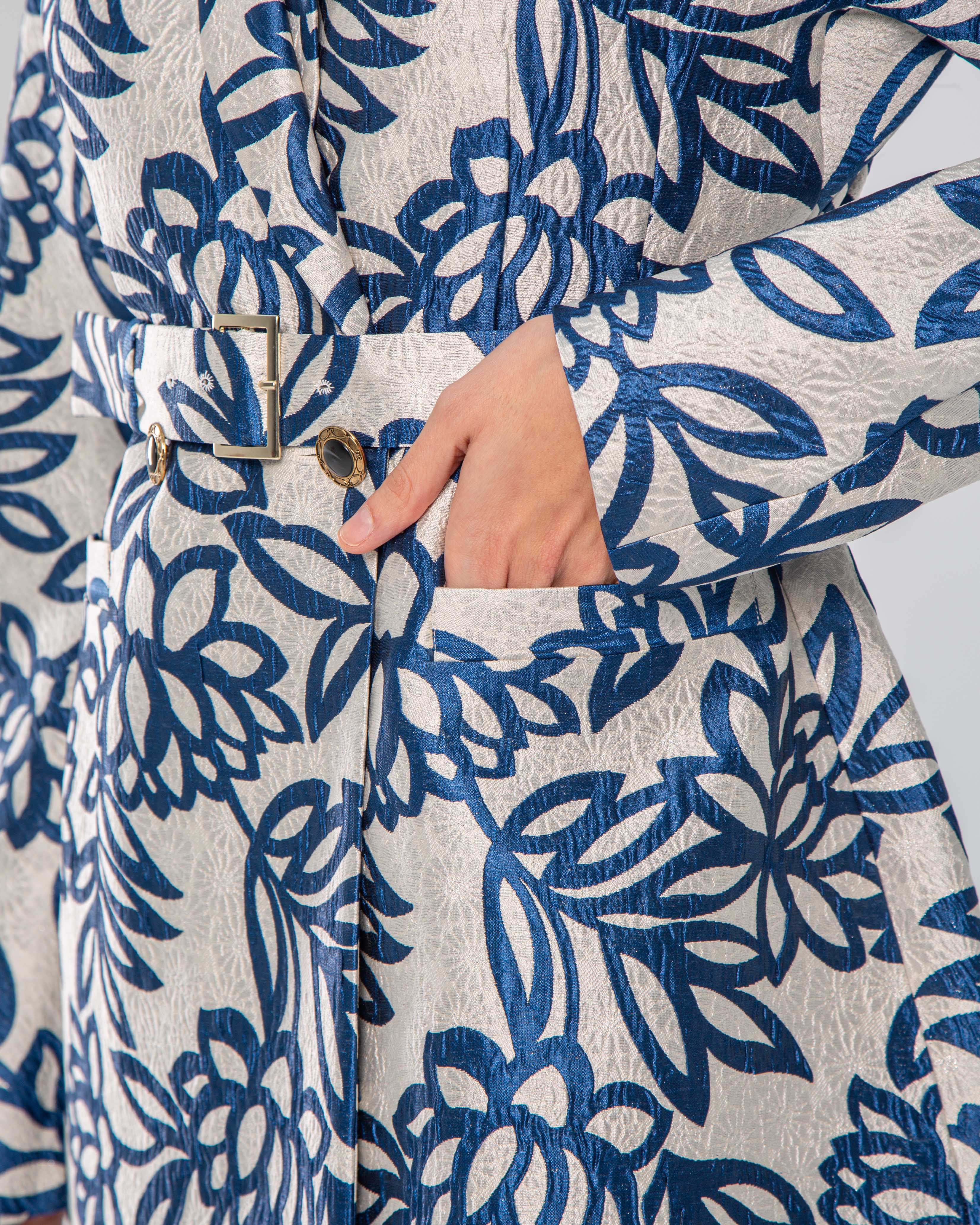 Metallic Floral Jacquard Long Belted Jacket