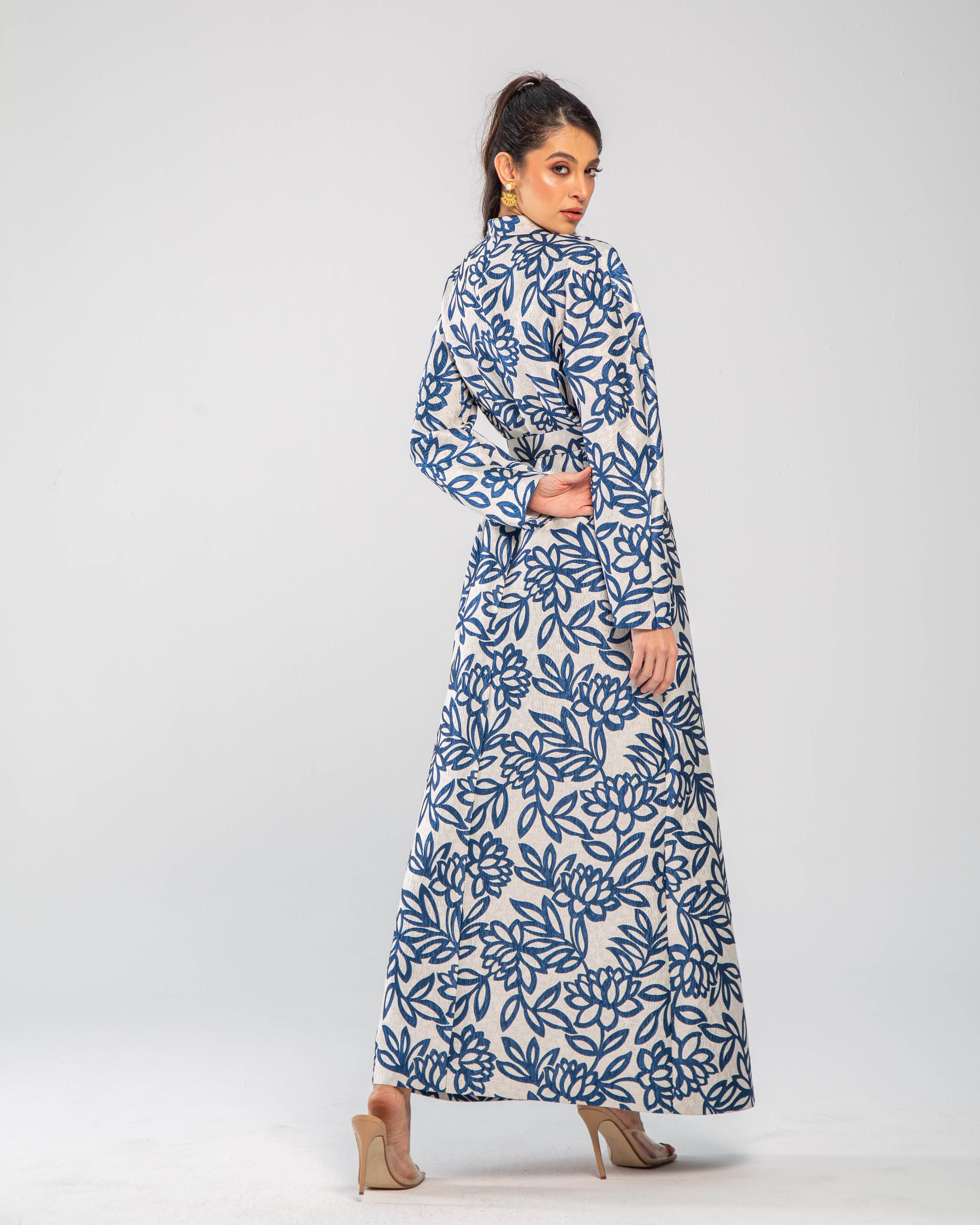 Metallic Floral Jacquard Long Belted Jacket