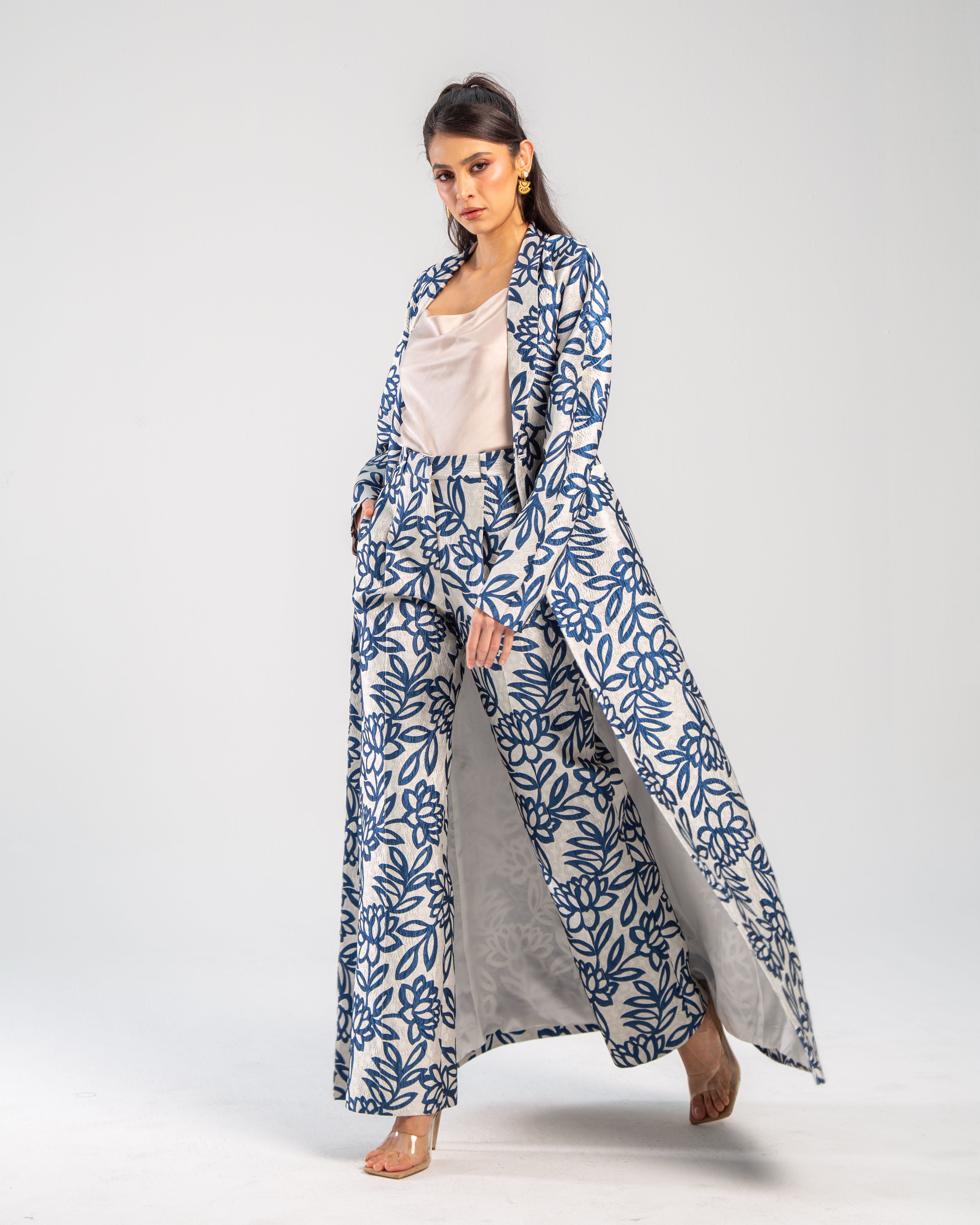 Metallic Floral Jacquard Long Belted Jacket