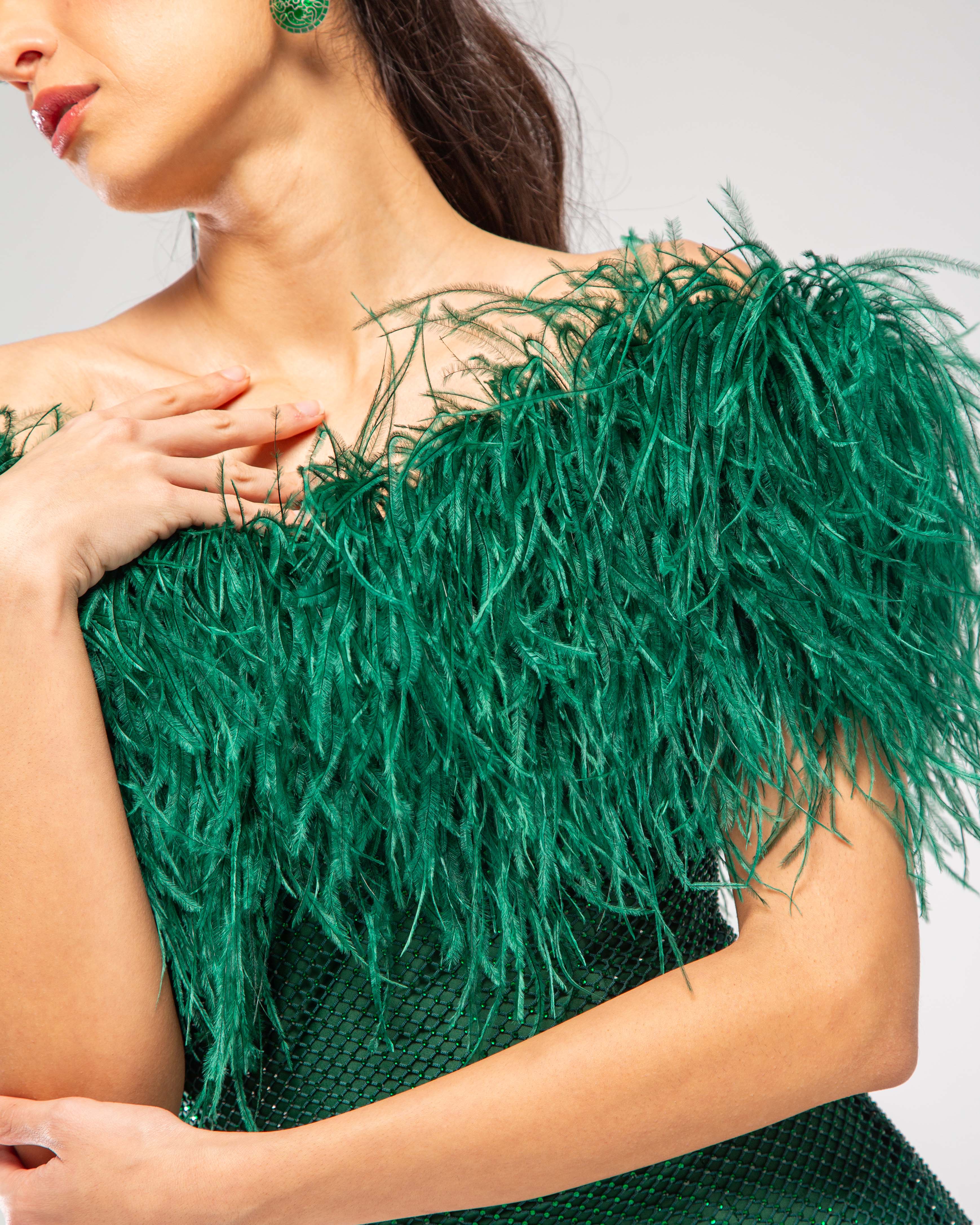 Crystal Embellished Feather Off-Shoulder Maxi Dress