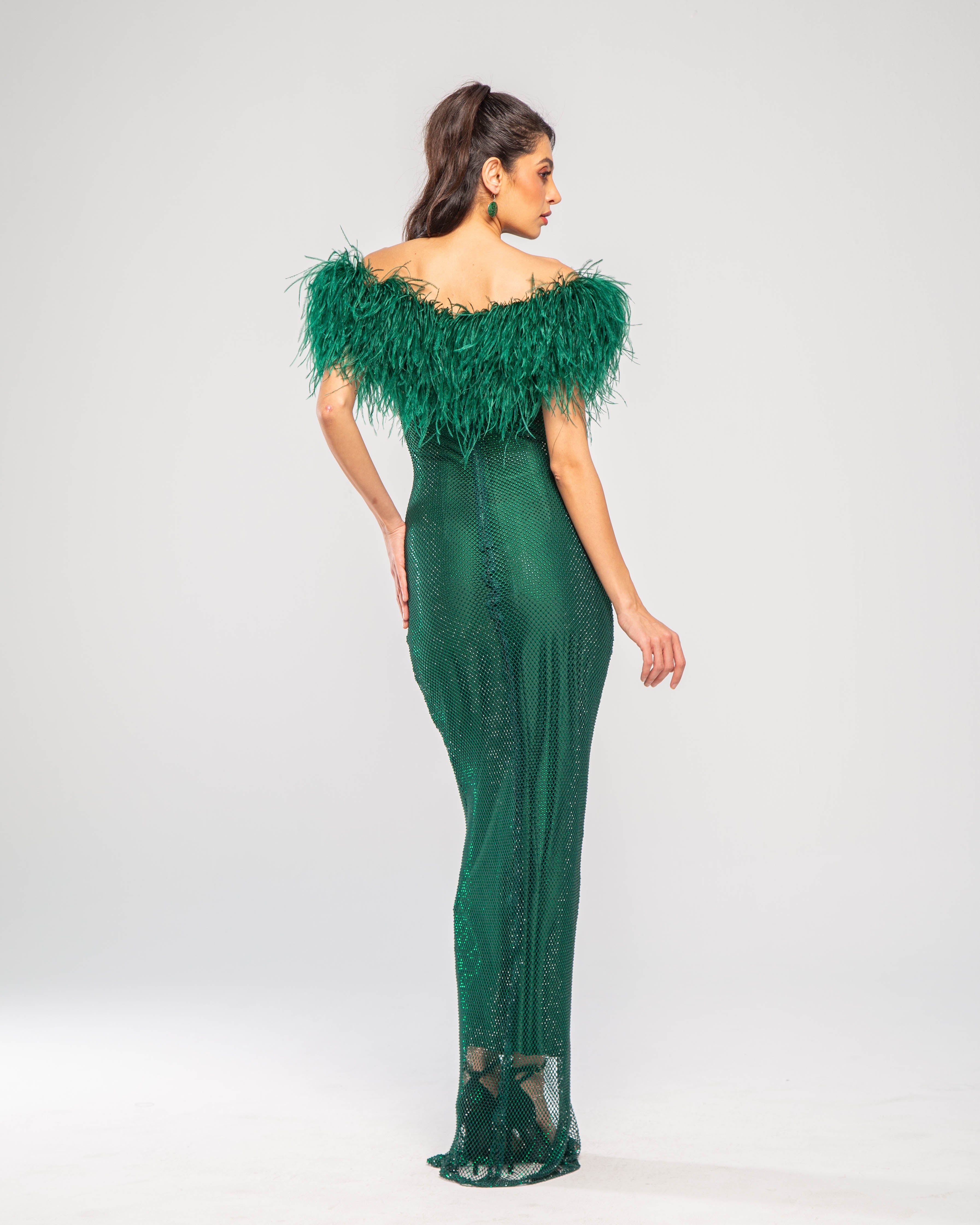 Crystal Embellished Feather Off-Shoulder Maxi Dress