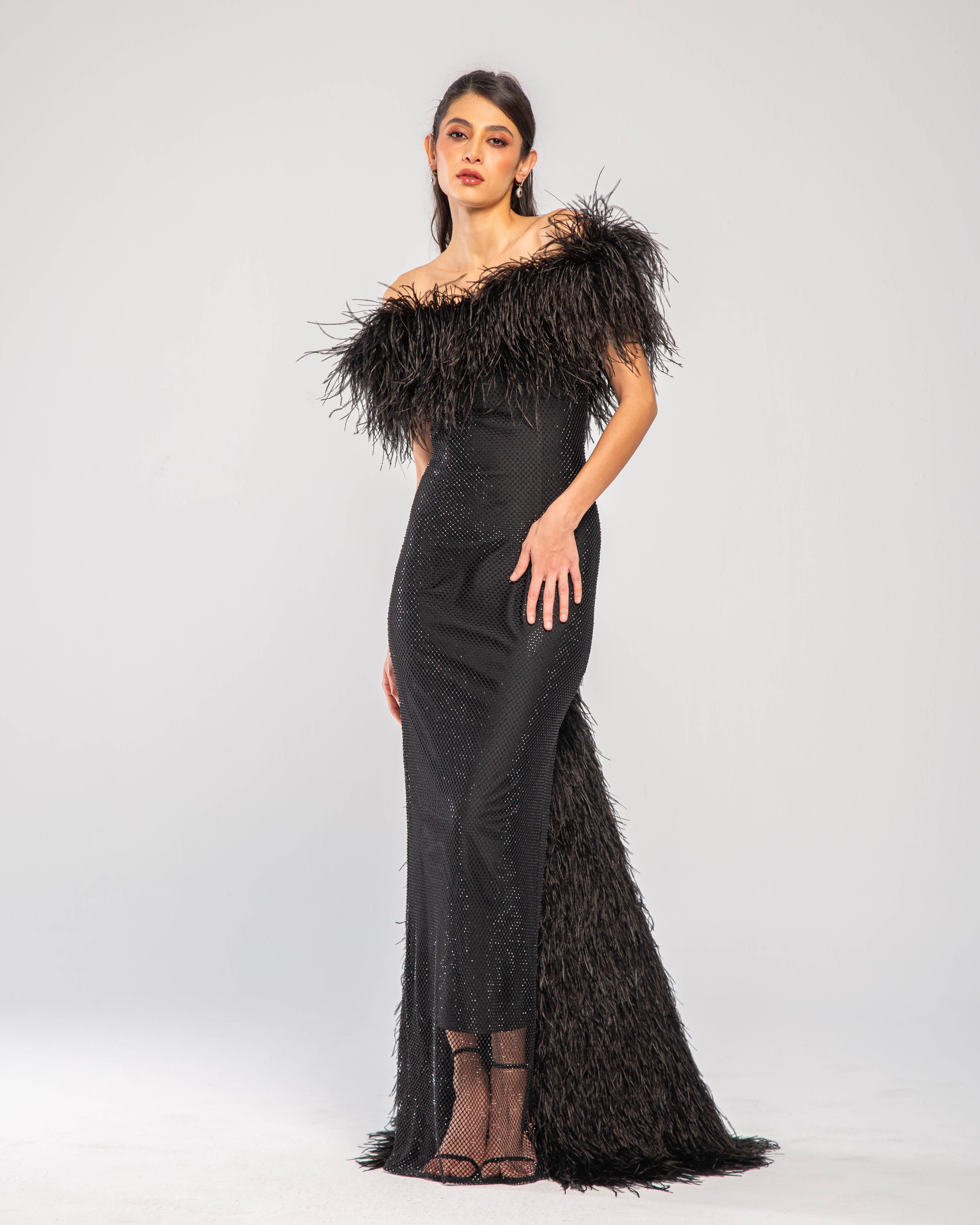 Stellar Crystal Embellished Feather-Trim Maxi Gown