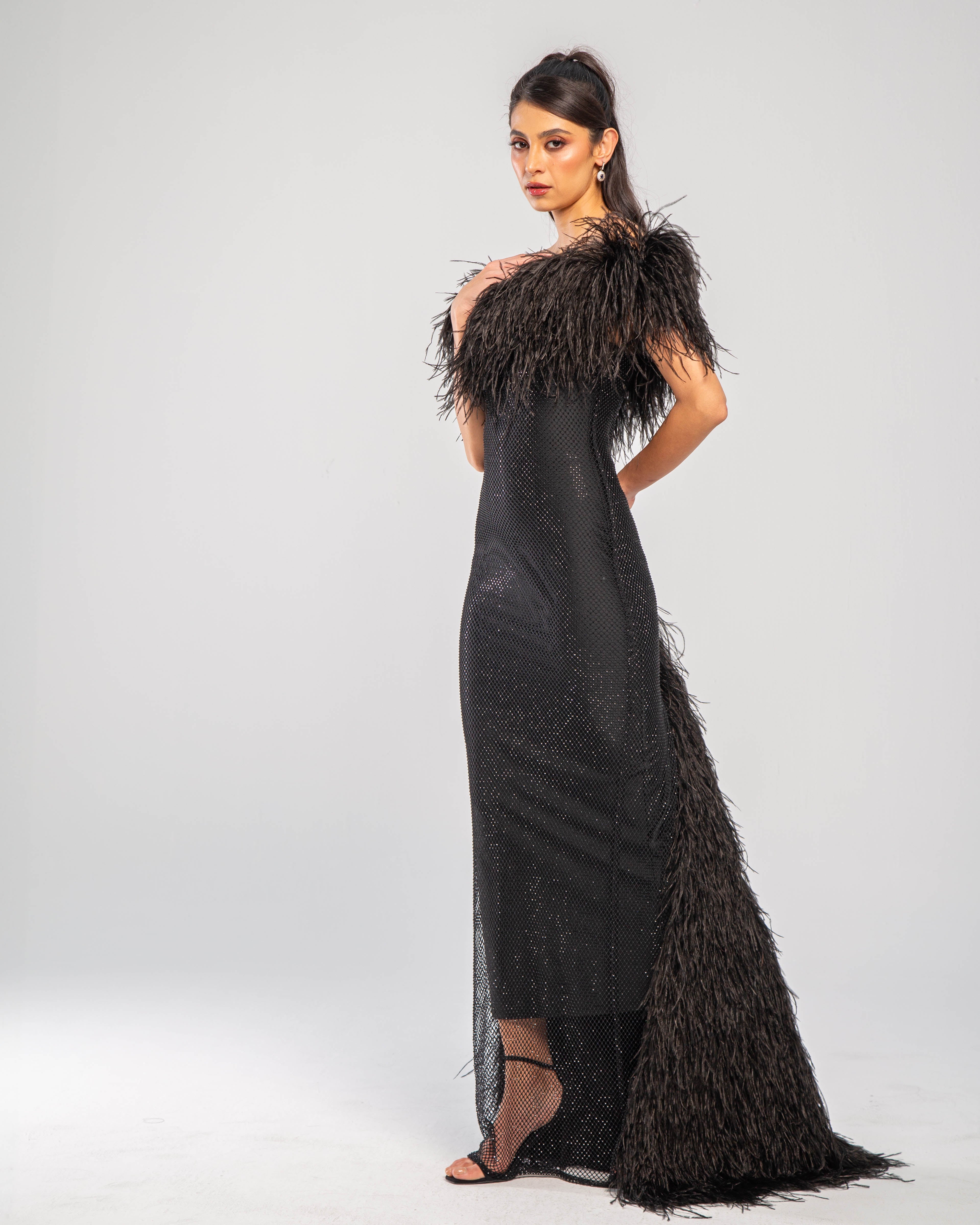 Stellar Crystal Embellished Feather-Trim Maxi Gown