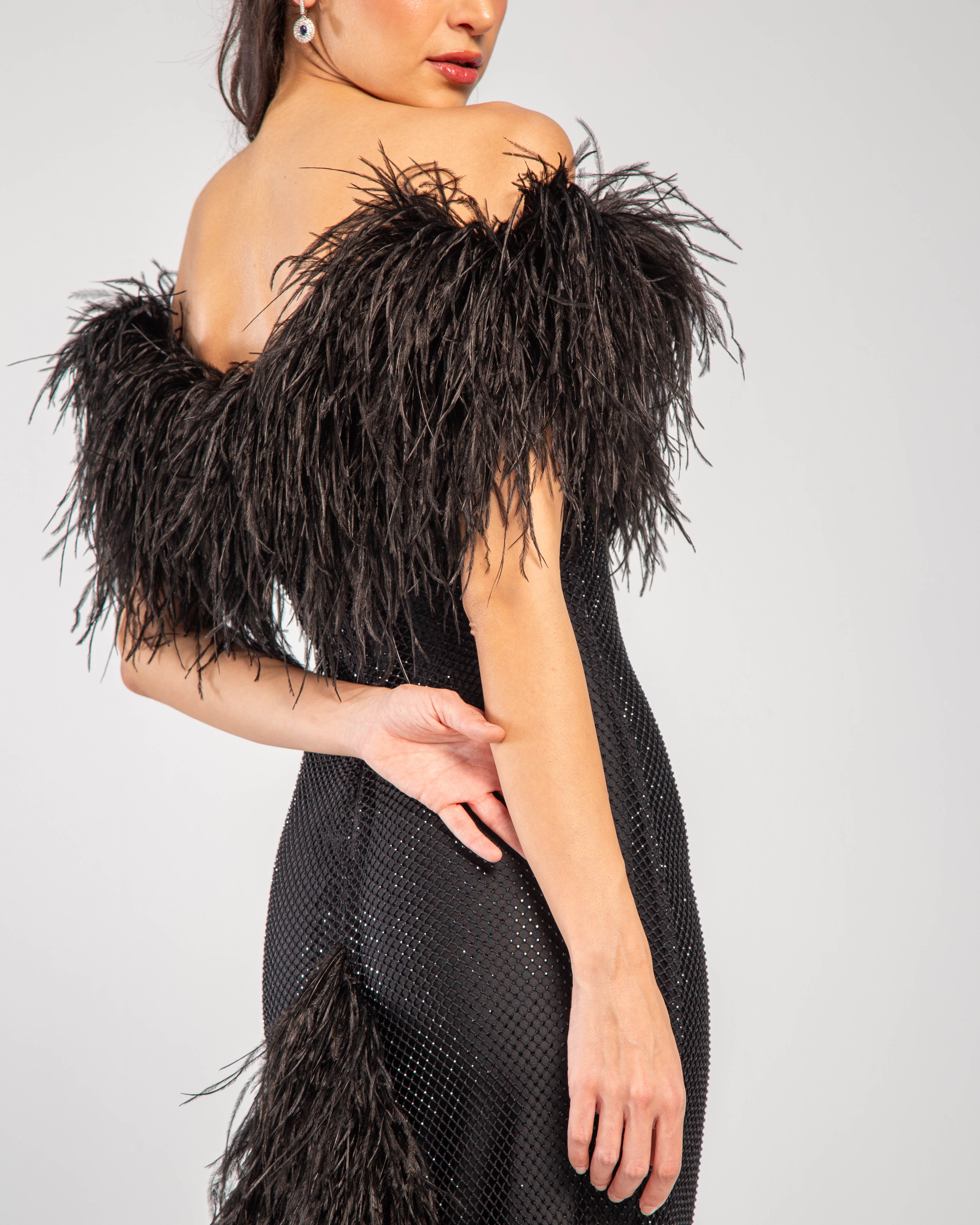 Stellar Crystal Embellished Feather-Trim Maxi Gown