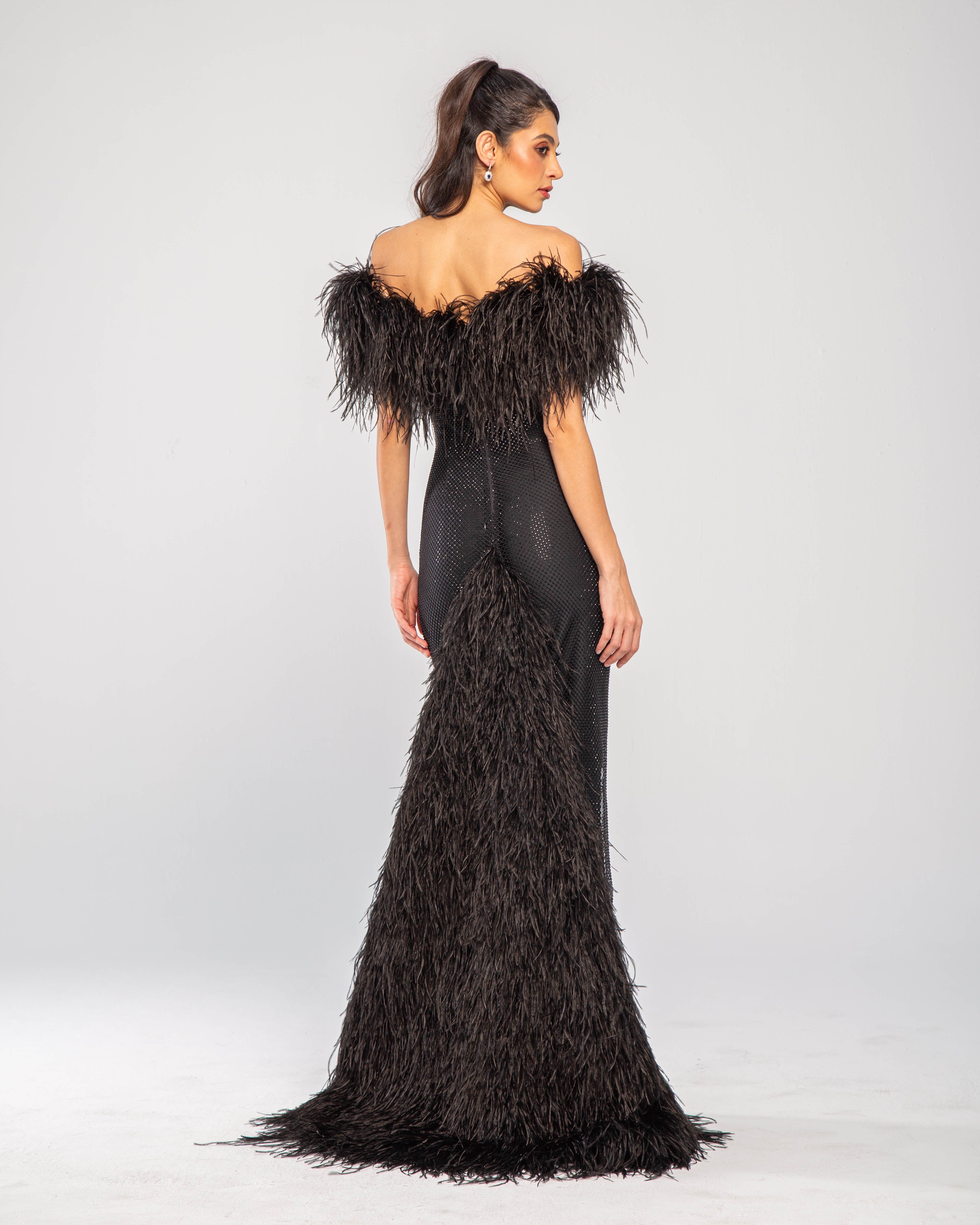 Stellar Crystal Embellished Feather-Trim Maxi Gown