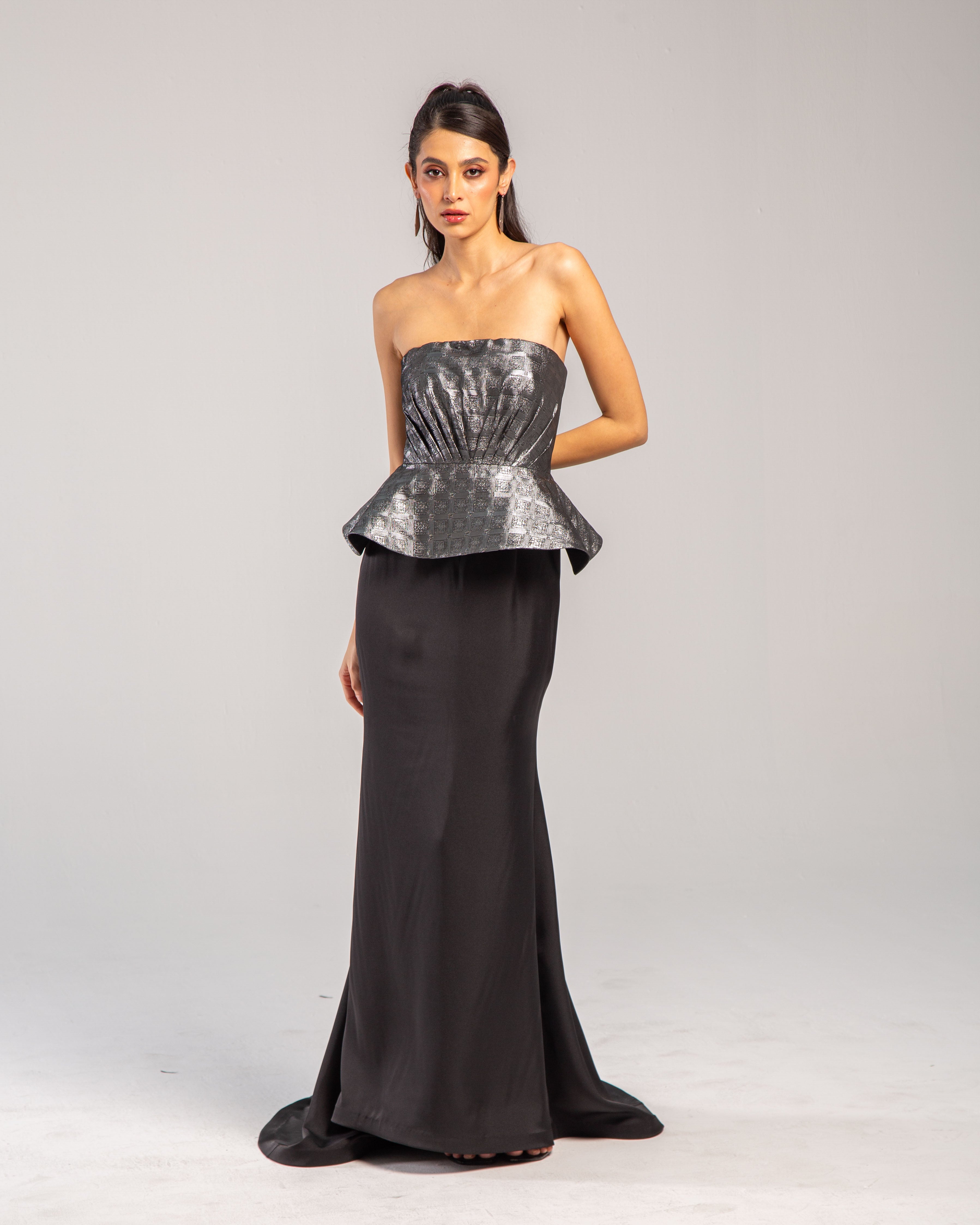 Metallic Sweetheart Peplum Gown