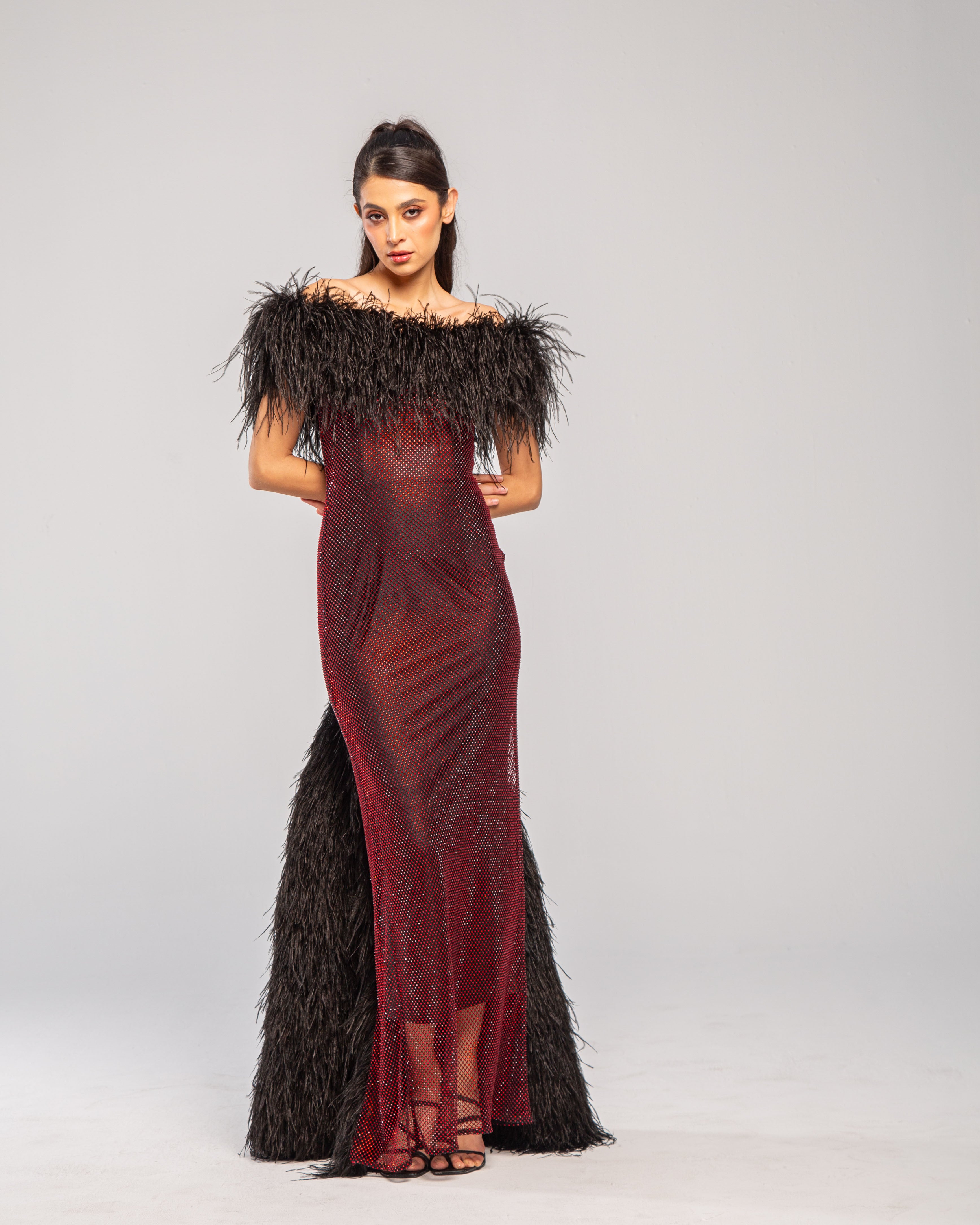 Stellar Crystal Embellished Feather-Trim Maxi Gown