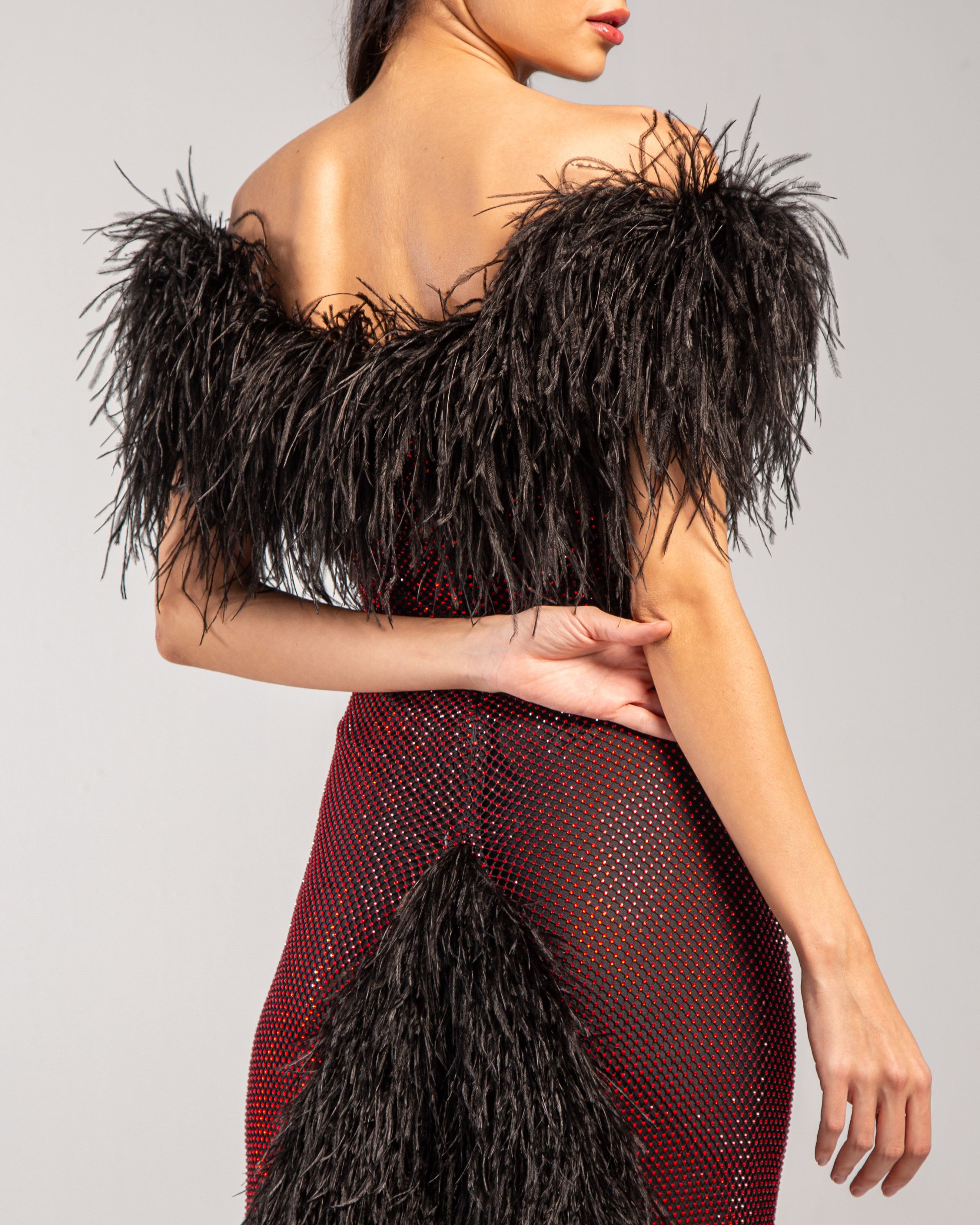 Stellar Crystal Embellished Feather-Trim Maxi Gown