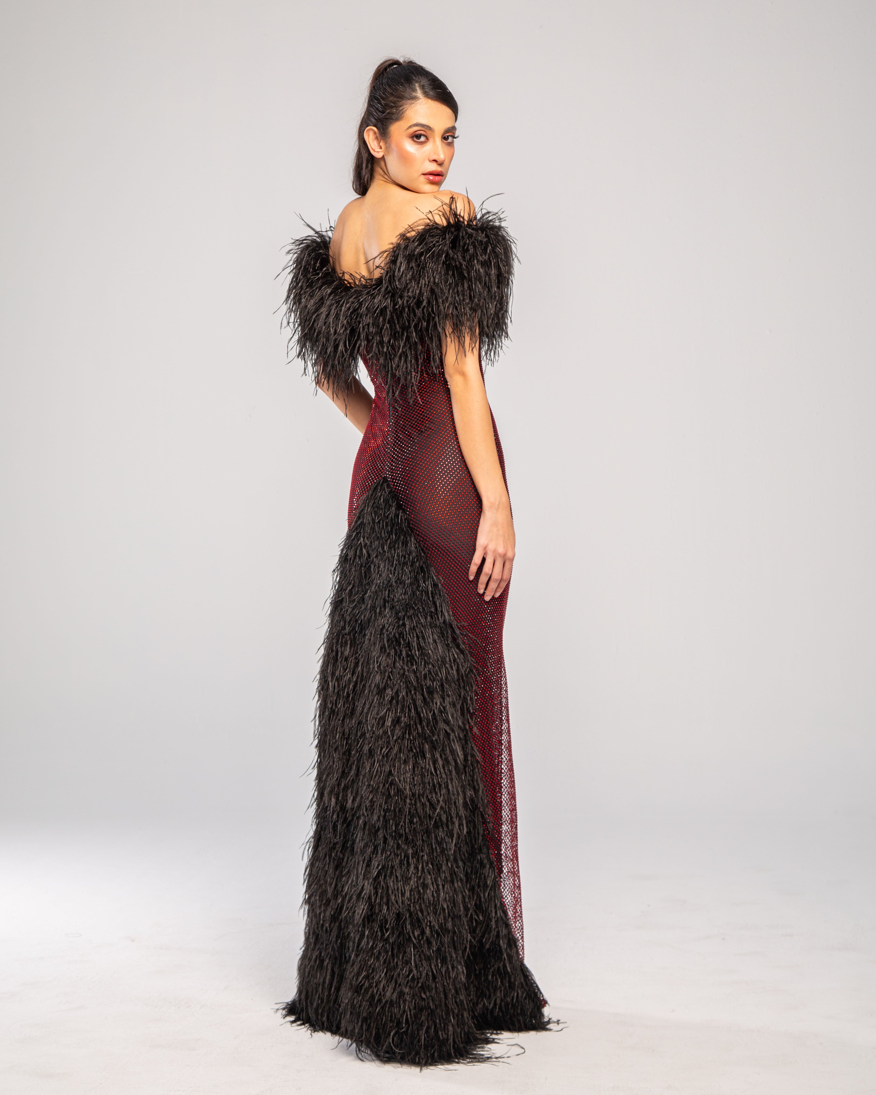 Stellar Crystal Embellished Feather-Trim Maxi Gown
