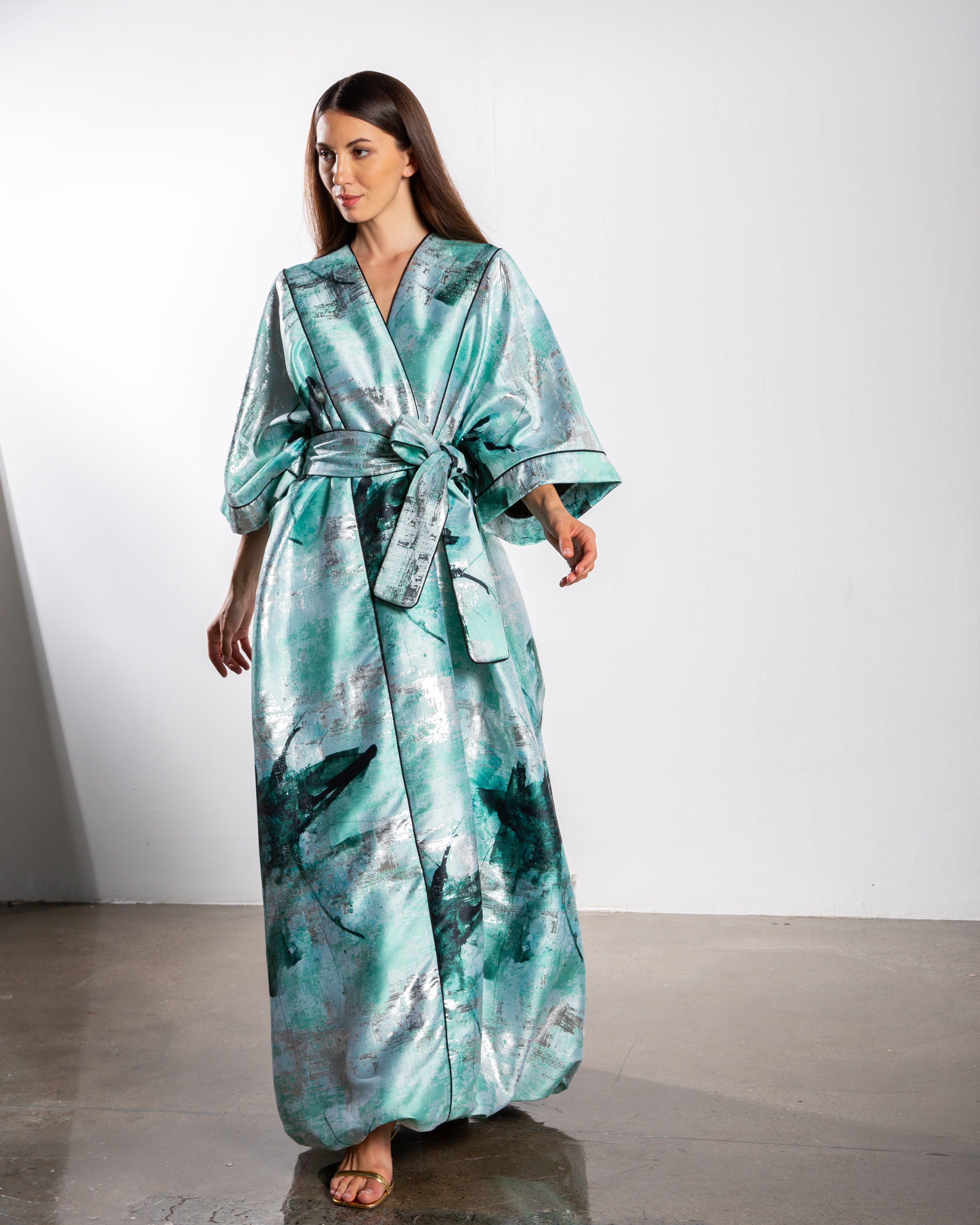 Kimono Bouffant Silk Long Kaftan - Mint Green