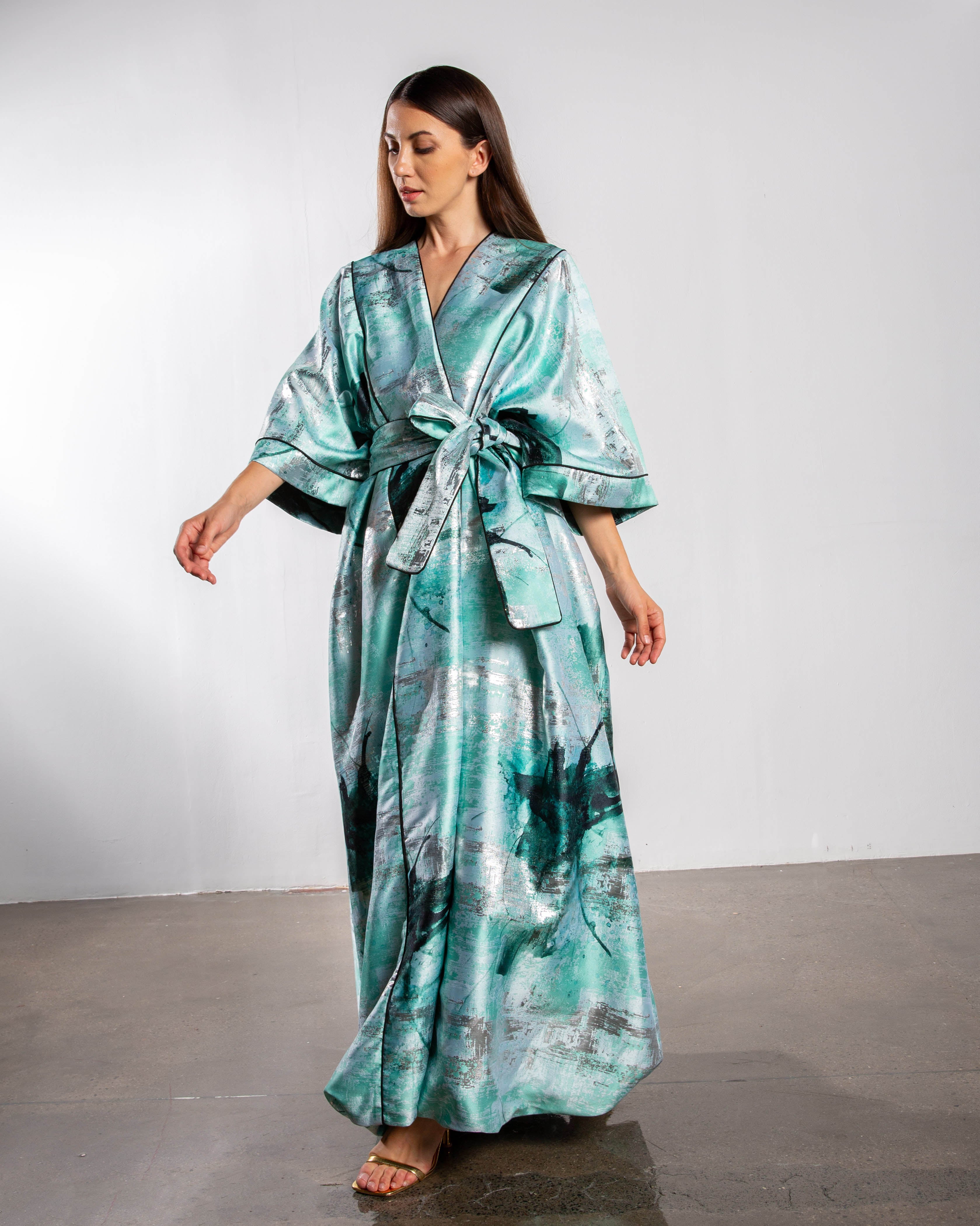 Kimono Bouffant Silk Long Kaftan - Mint Green