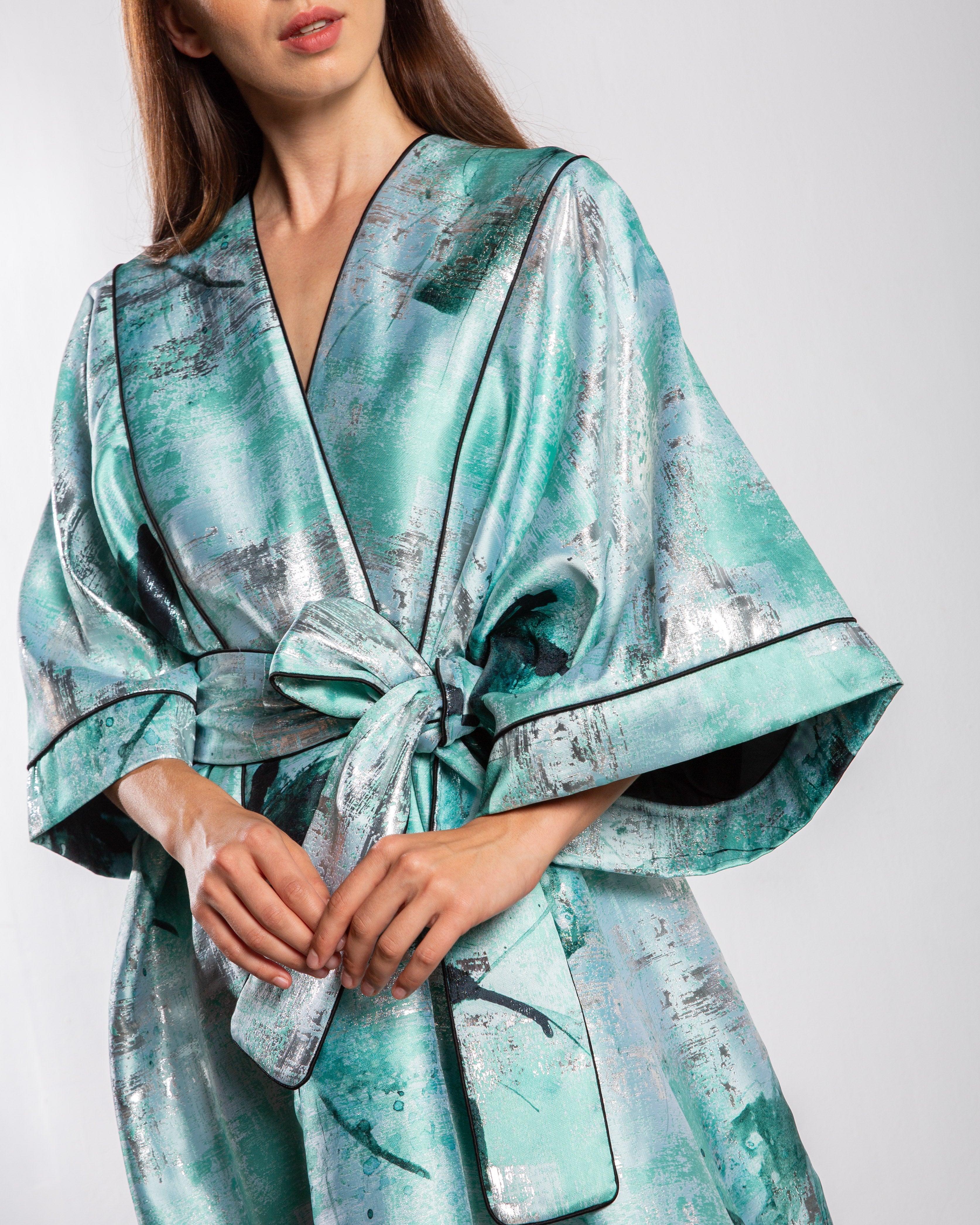 Kimono Bouffant Silk Long Kaftan - Mint Green