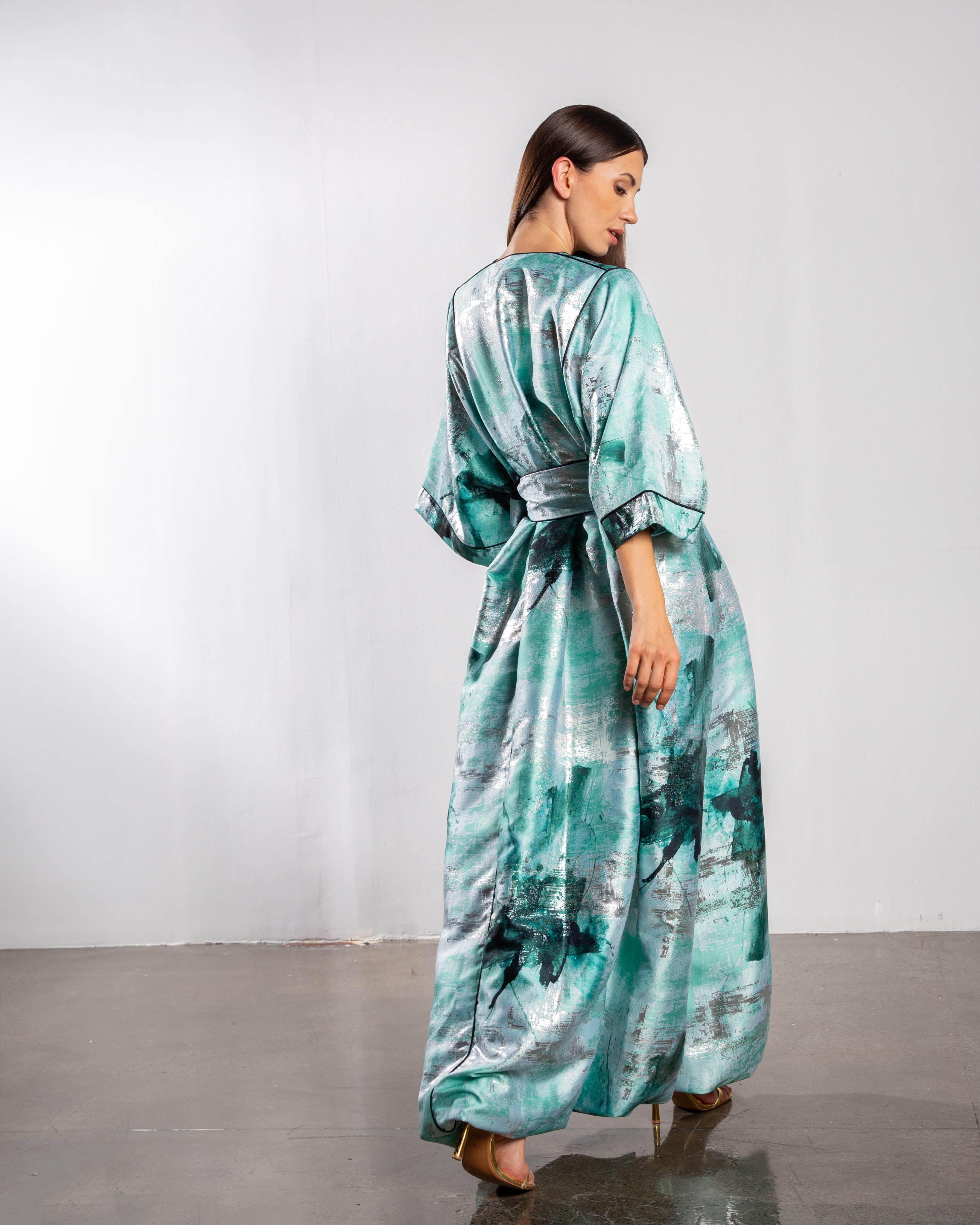 Kimono Bouffant Silk Long Kaftan - Mint Green