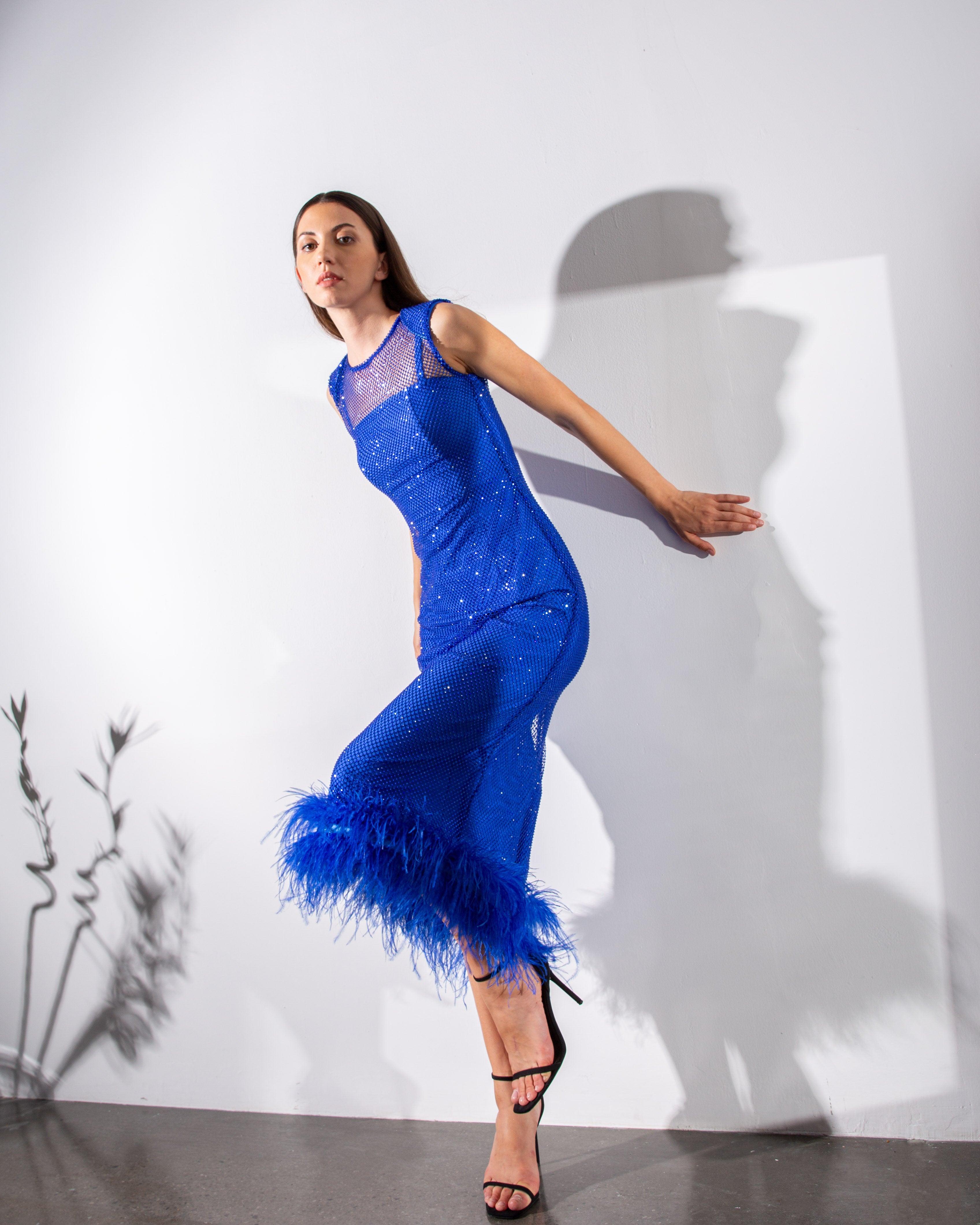 Feather-trimmed Crystal Embellished Sleeveless Cocktail Dress - NEW