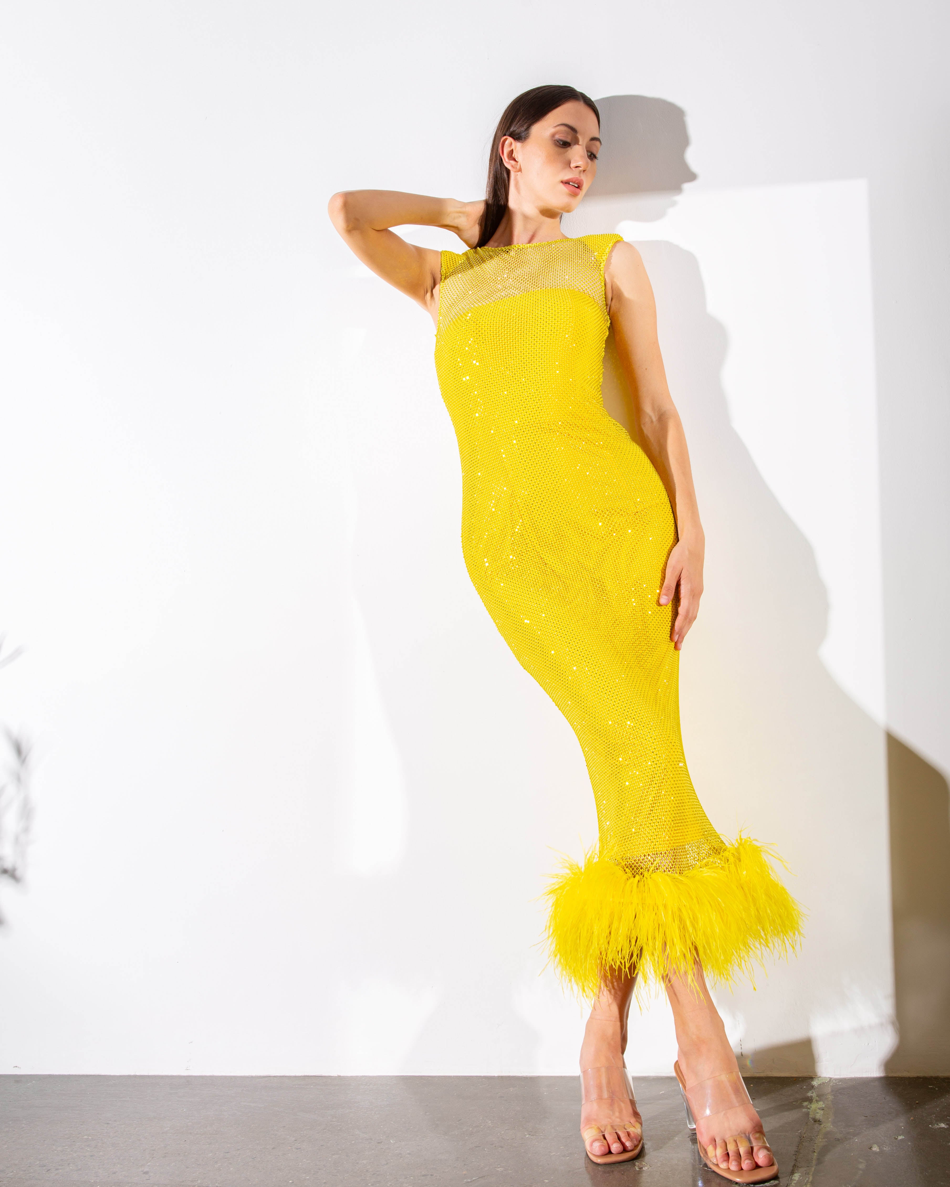 Feather-trimmed Crystal Embellished Sleeveless Cocktail Dress - NEW