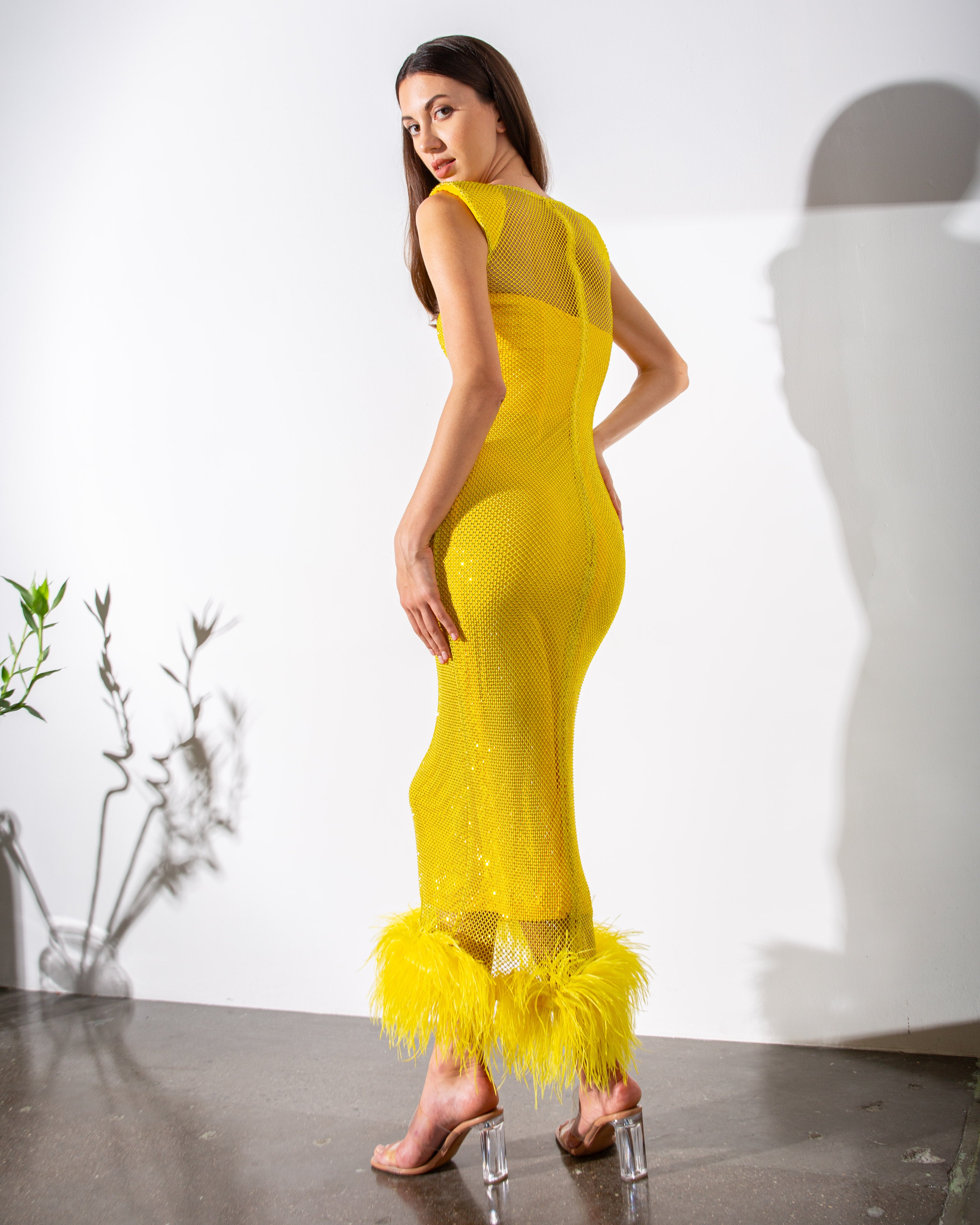 Feather-trimmed Crystal Embellished Sleeveless Cocktail Dress - NEW