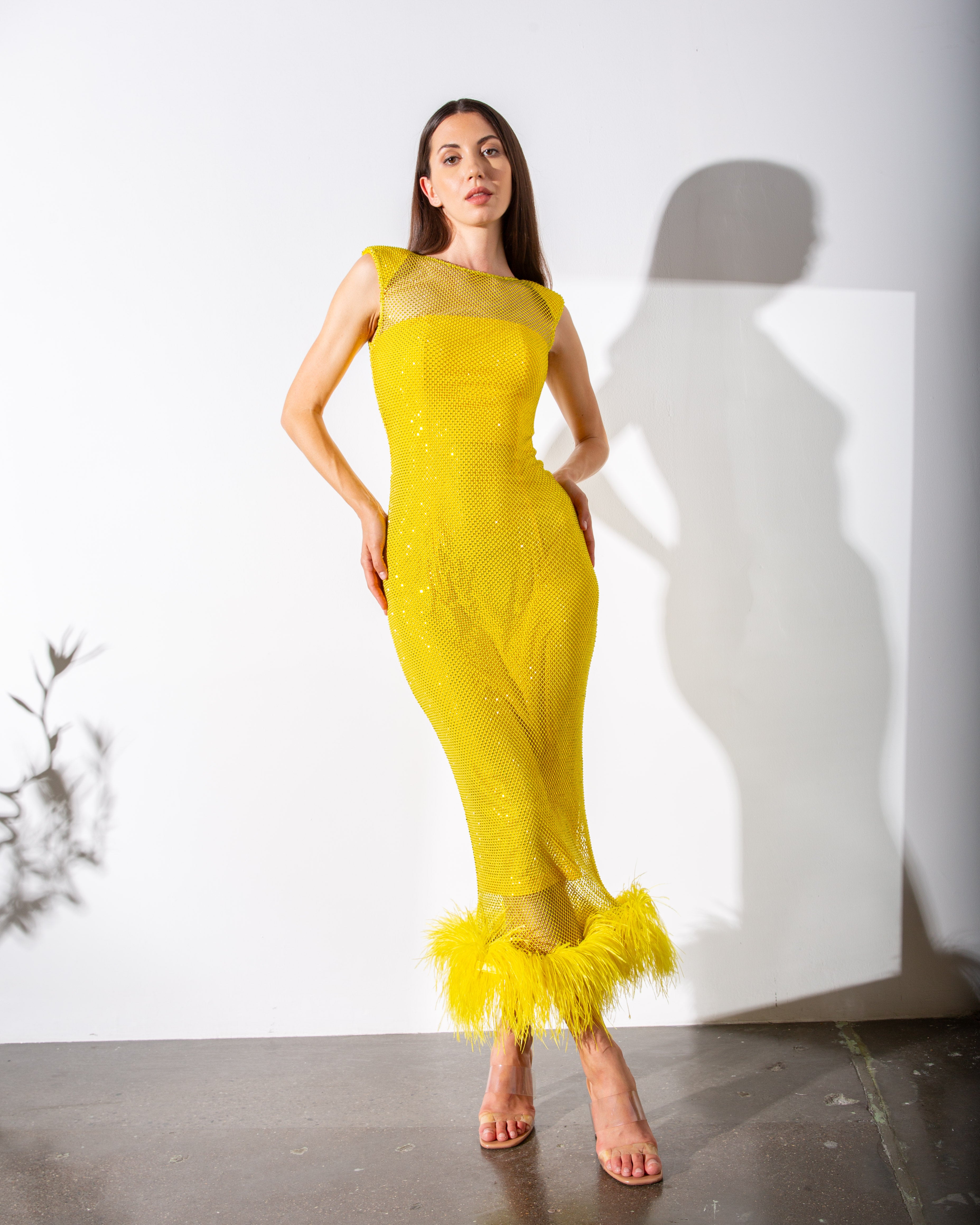 Feather-trimmed Crystal Embellished Sleeveless Cocktail Dress - NEW