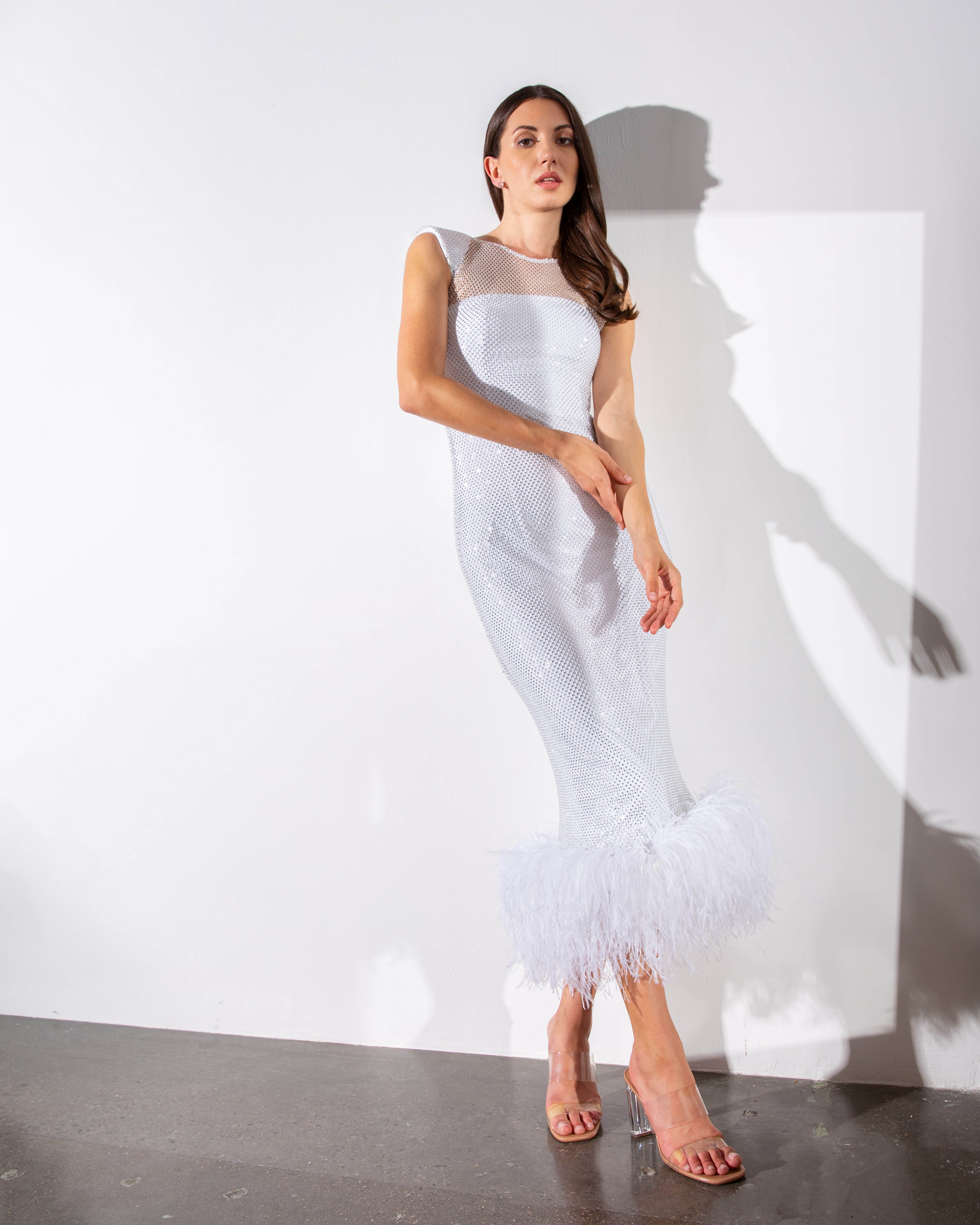 Feather-trimmed Crystal Embellished Sleeveless Cocktail Dress - NEW