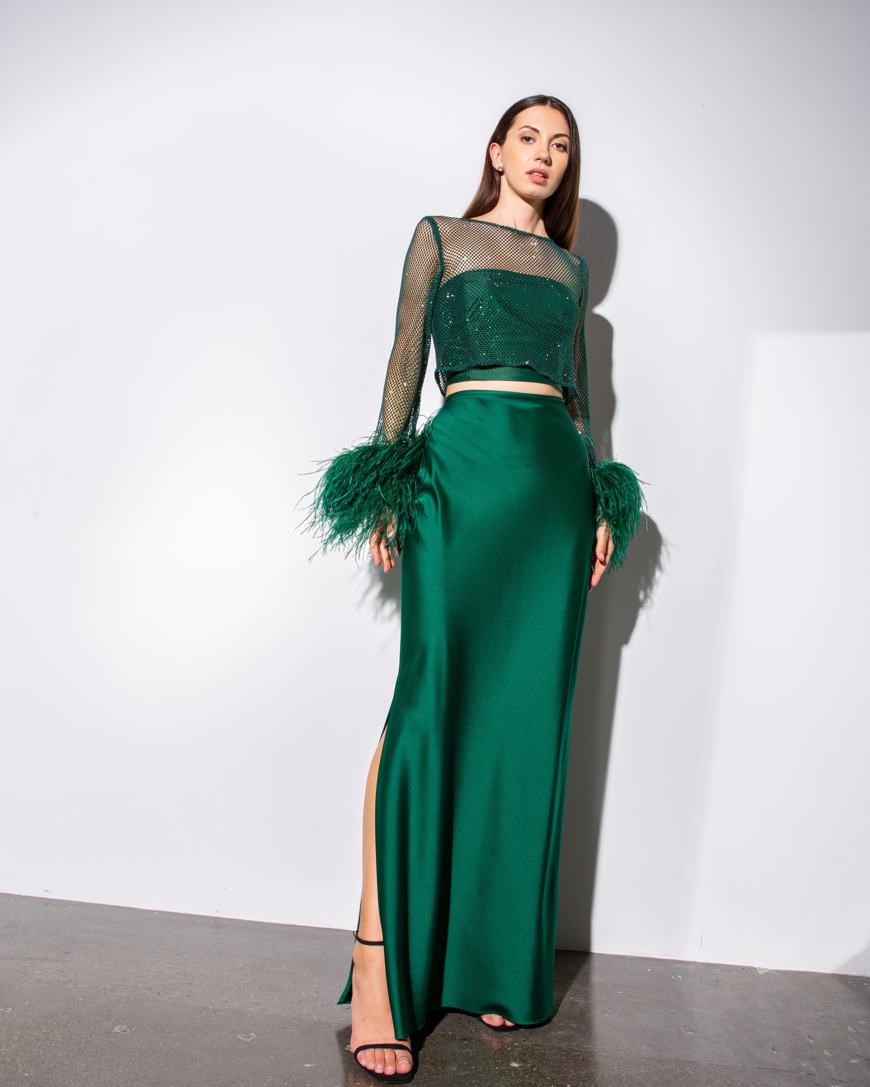 Feather-trim Crystal Embellished Crop Top - Emerald Green