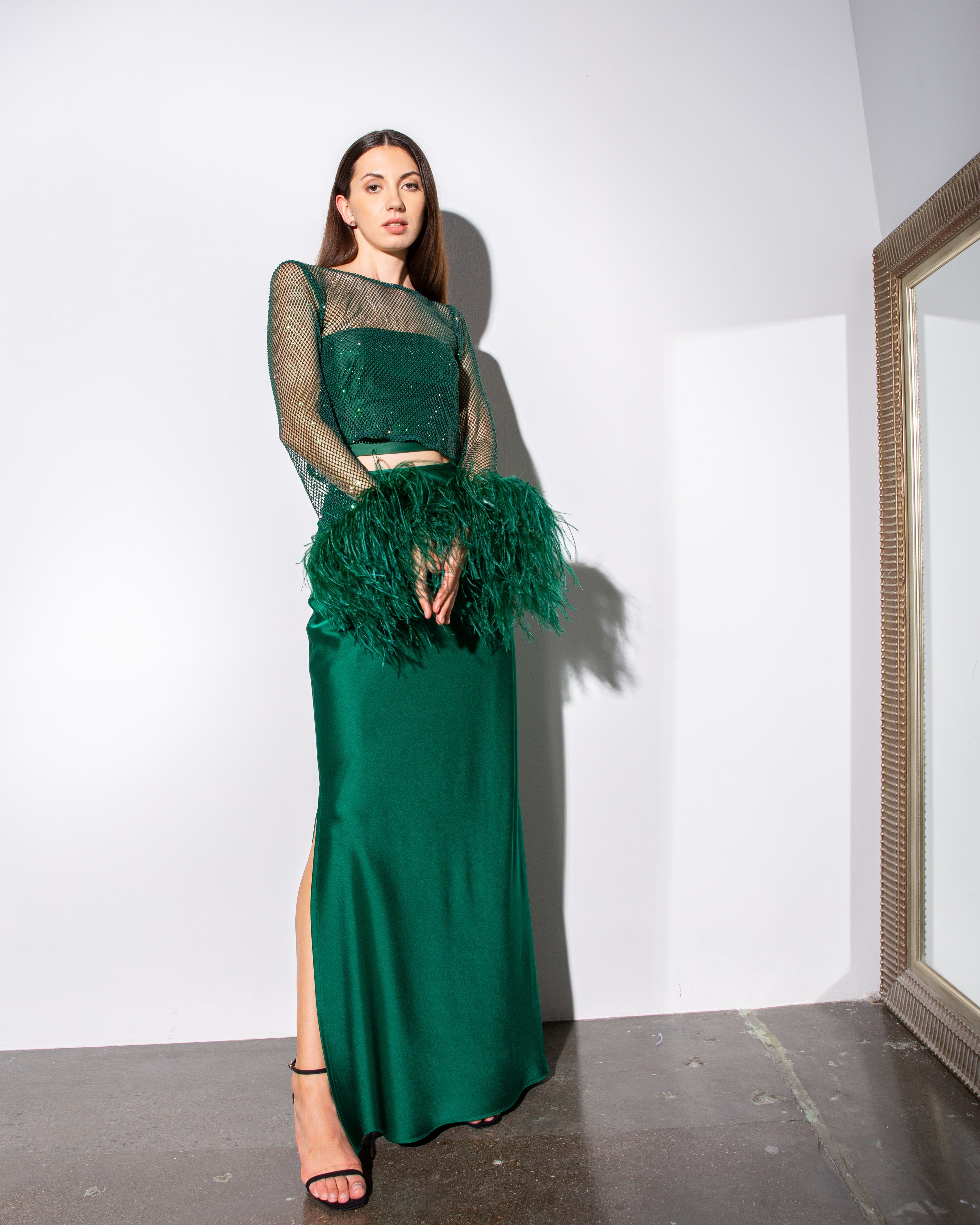 Feather-trim Crystal Embellished Crop Top - Emerald Green