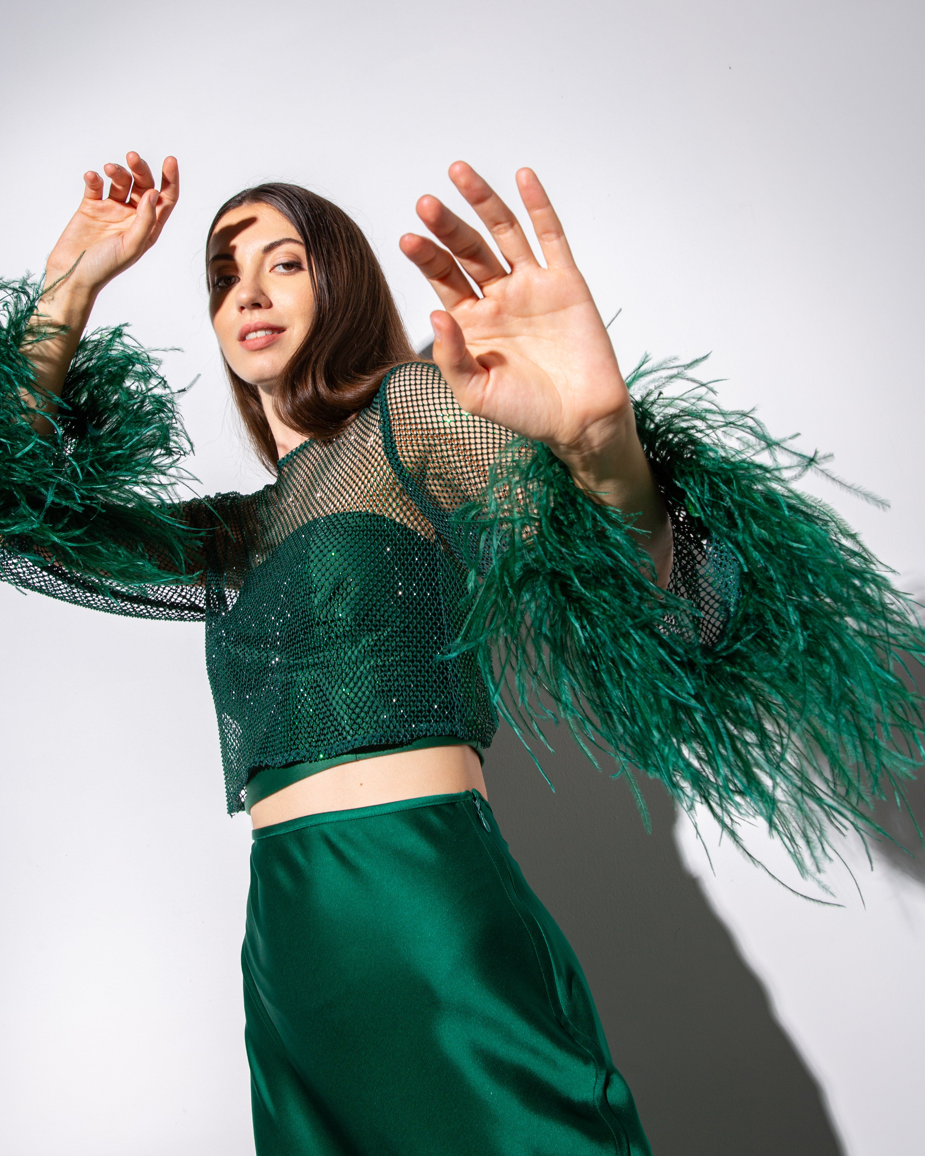 Feather-trim Crystal Embellished Crop Top - Emerald Green