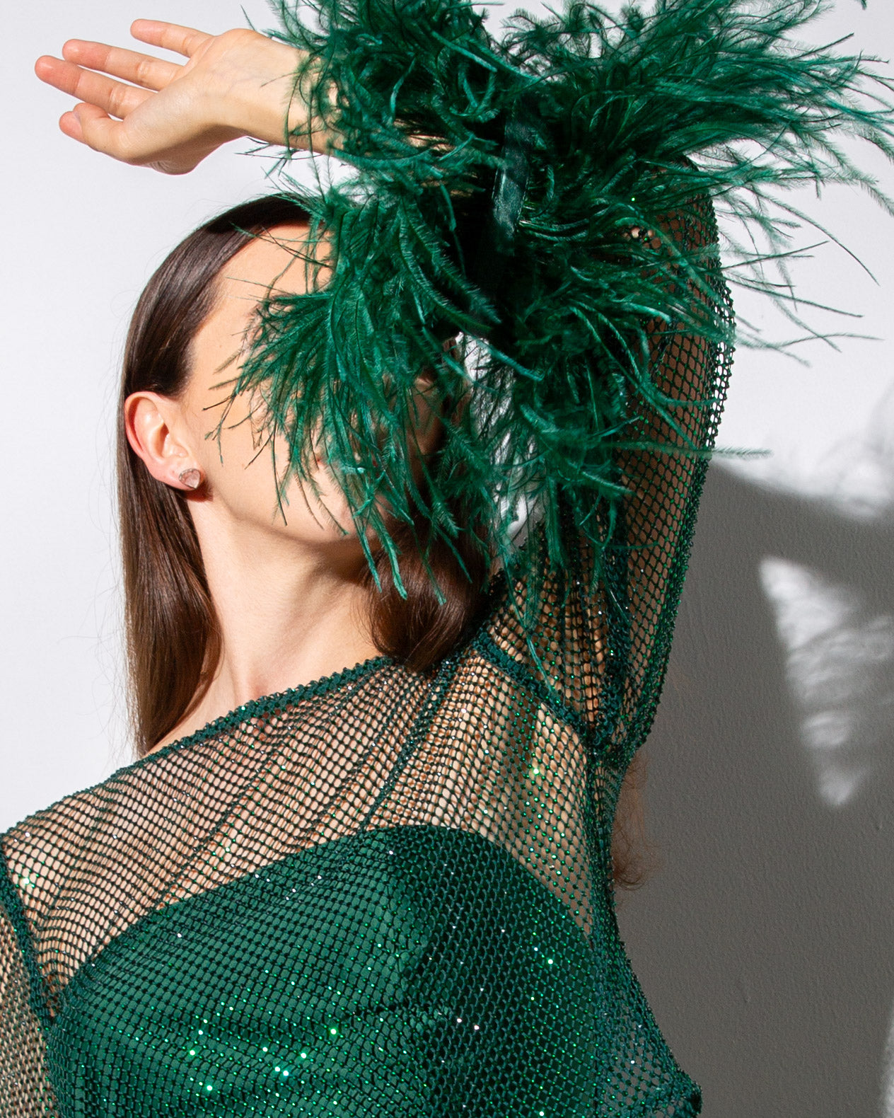 Feather-trim Crystal Embellished Crop Top - Emerald Green