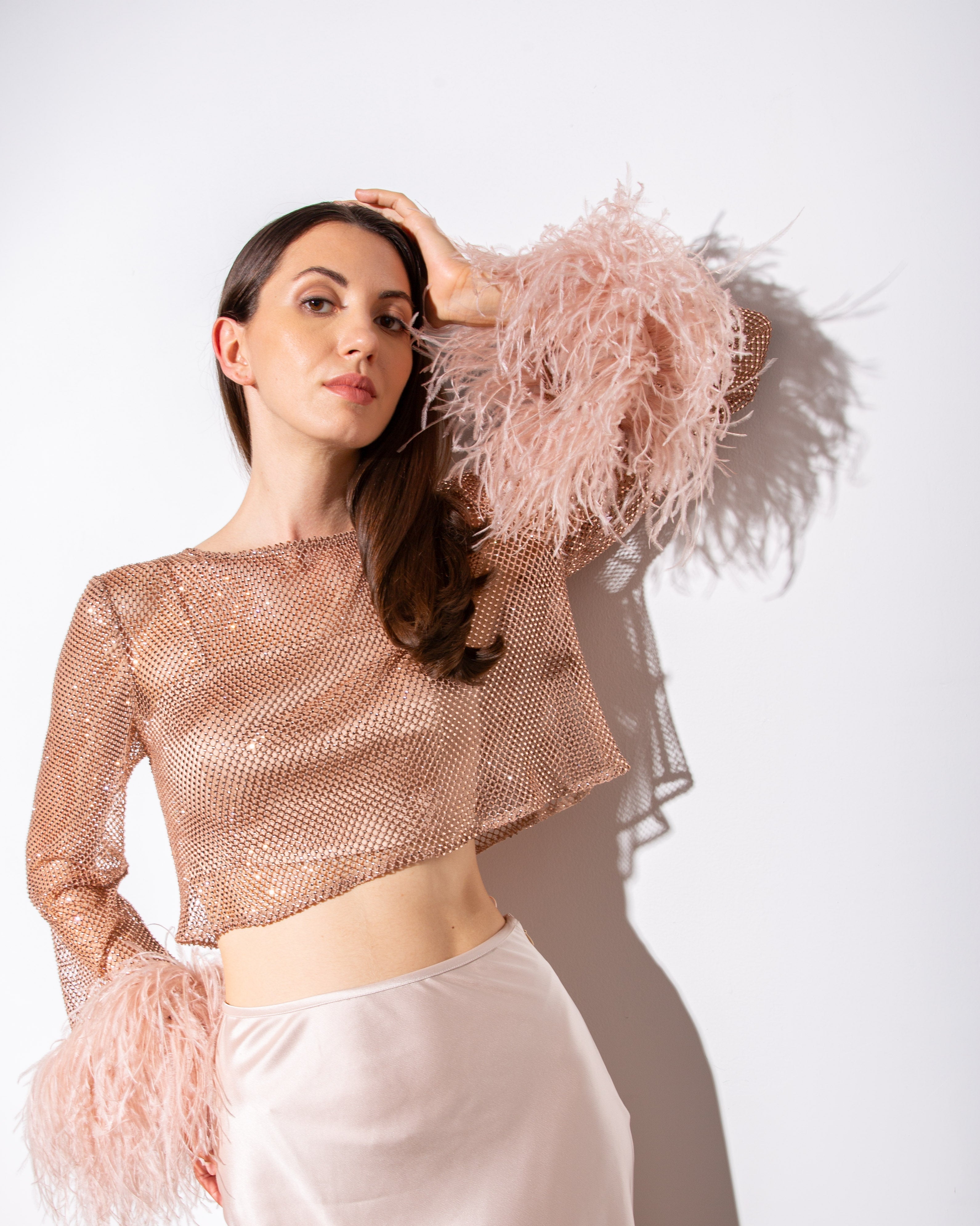 Feather-trim Crystal Embellished Crop Top