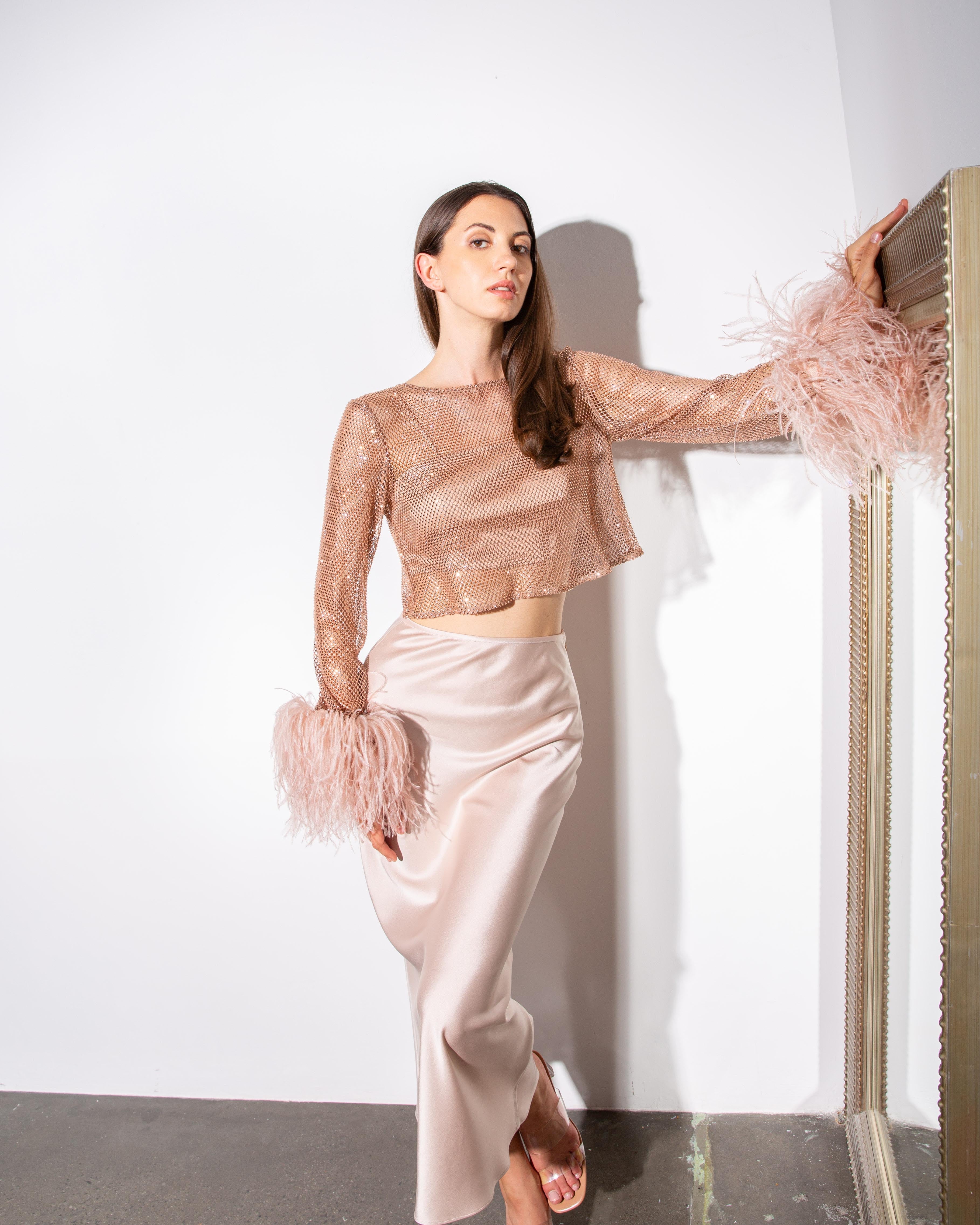 Feather-trim Crystal Embellished Crop Top