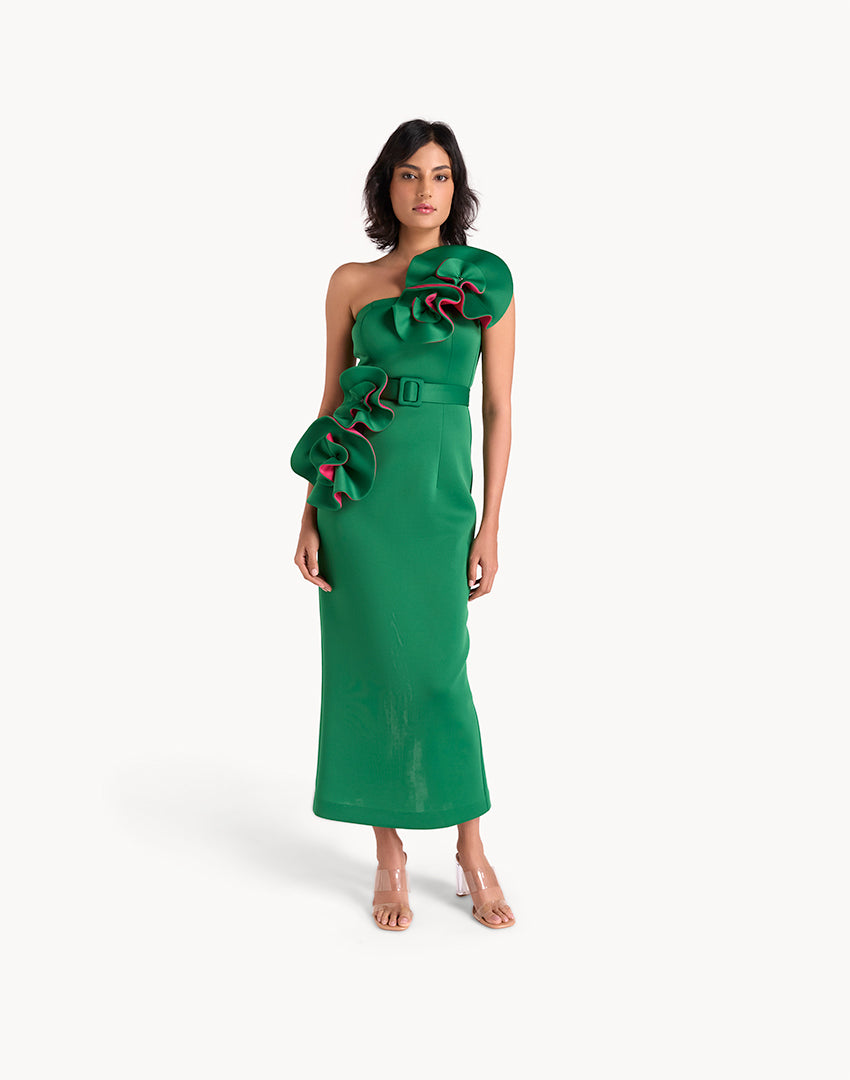 Floral Appliqué Belted Pencil Midi Dress