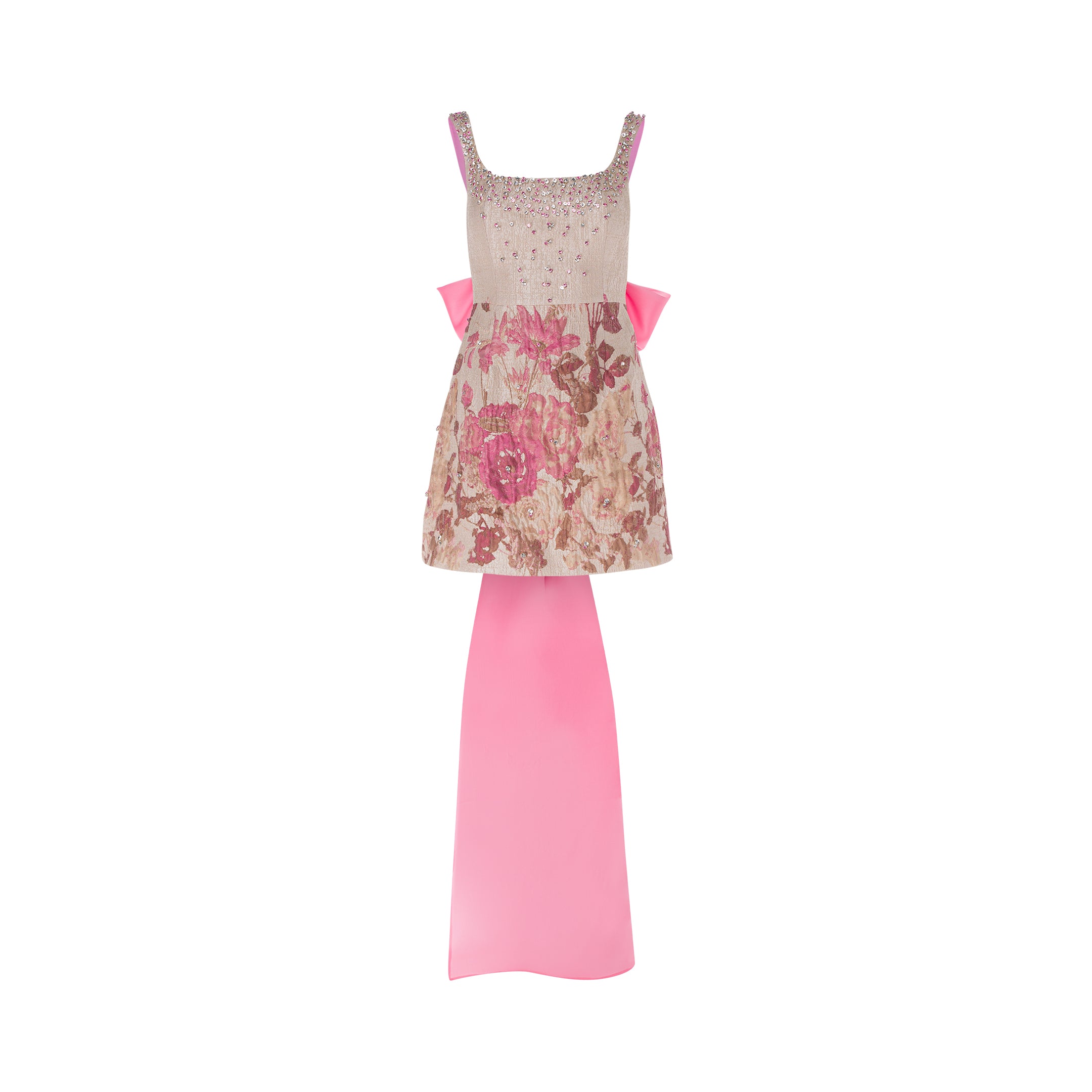 Brocade Crystal Embellished Mini Back Bow Dress