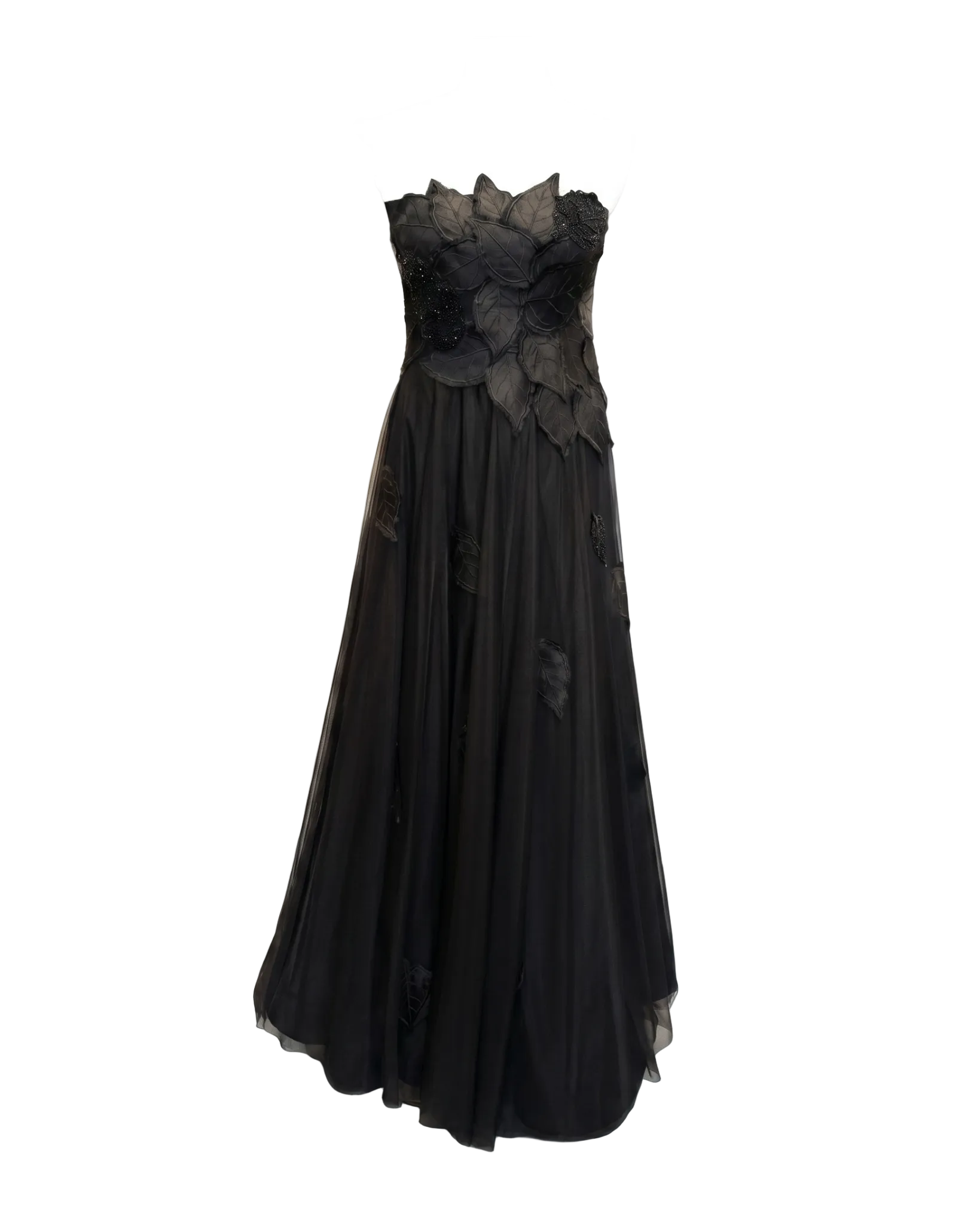 Black evening gown with floral details on a white background