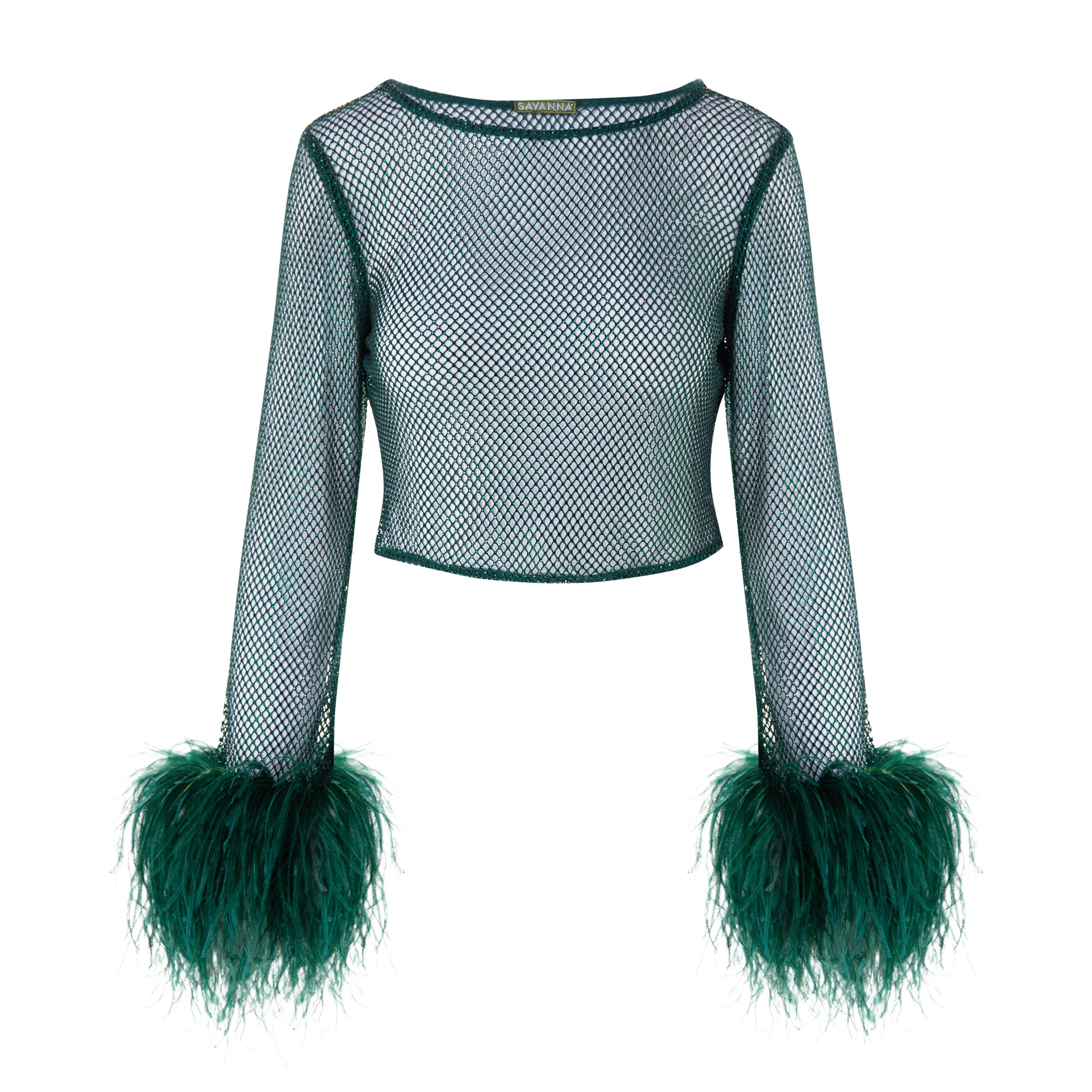 Feather-trim Crystal Embellished Crop Top - Emerald Green