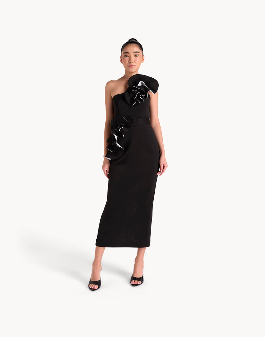Floral Appliqué Belted Pencil Midi Dress- Black