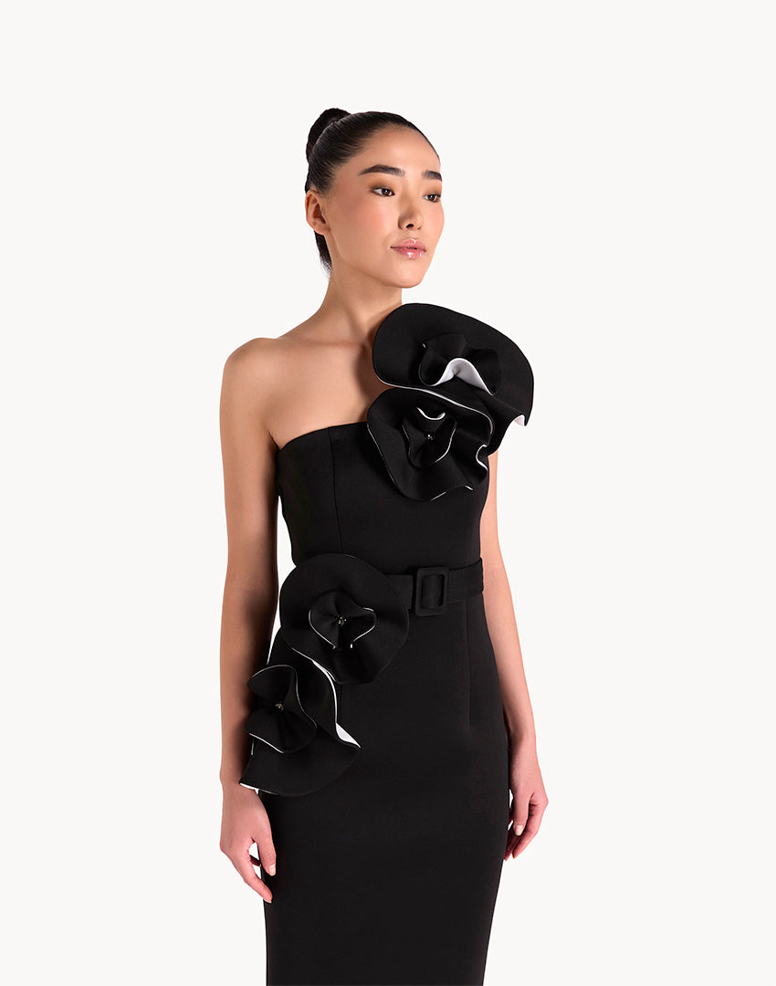 Floral Appliqué Belted Pencil Midi Dress- Black